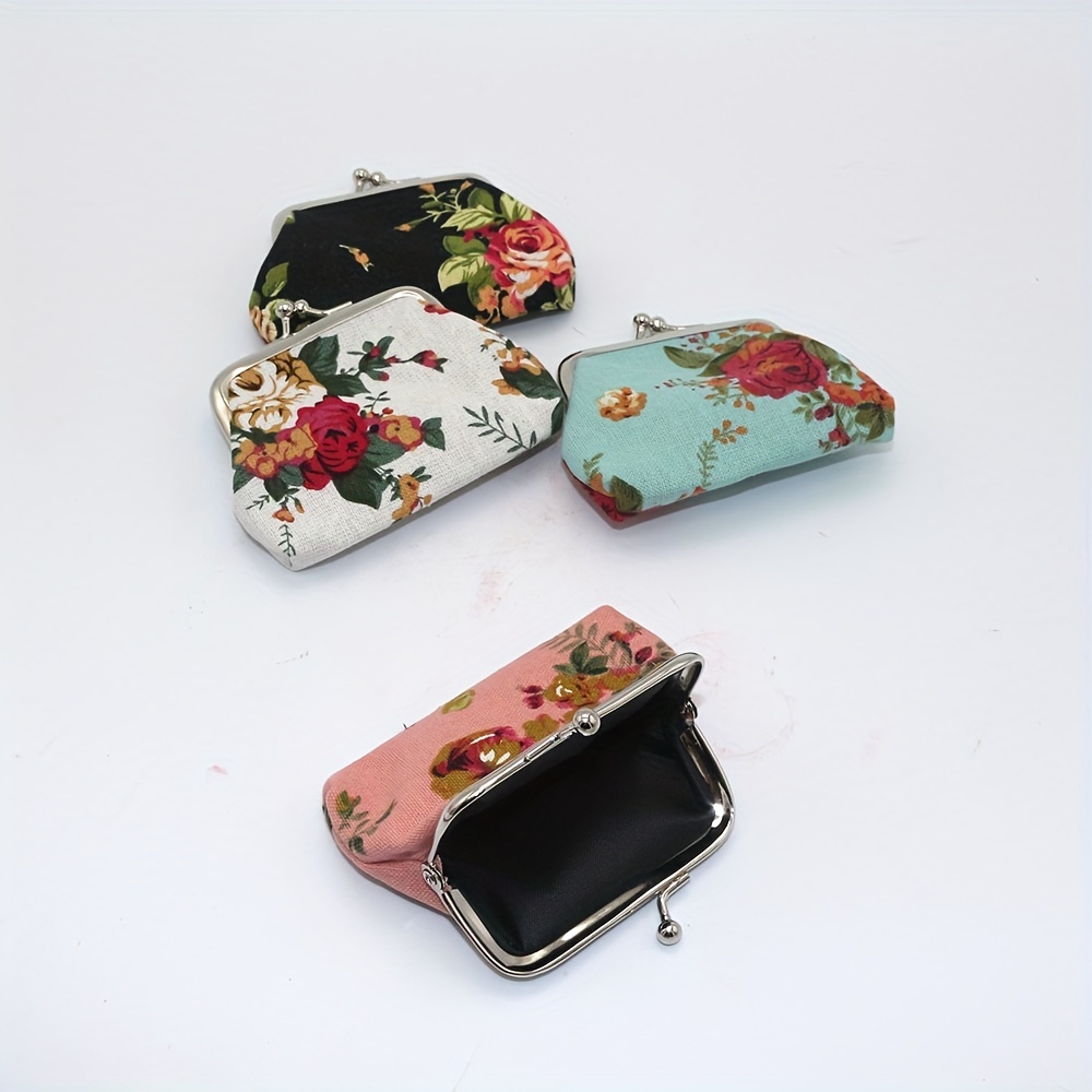 Floral Pattern Long Wallet, Canvas Card Holder Women's Fashion Kiss Lock  Storage Bag For Keys & Lipstick - Temu