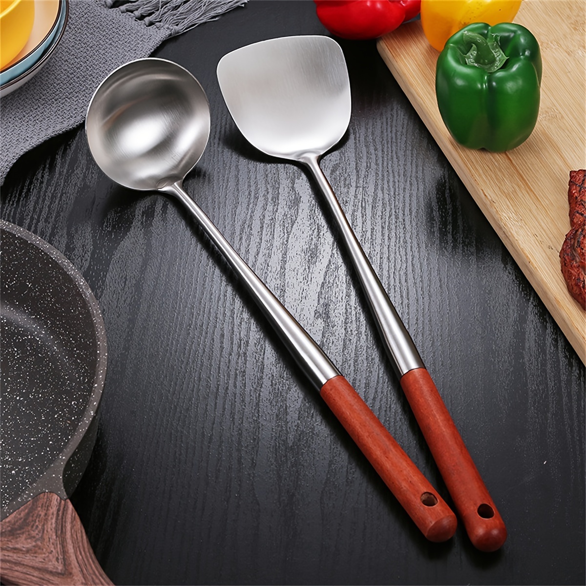 304 Stainless Steel Cooking Ladle Spatula, Wooden Handle Soup