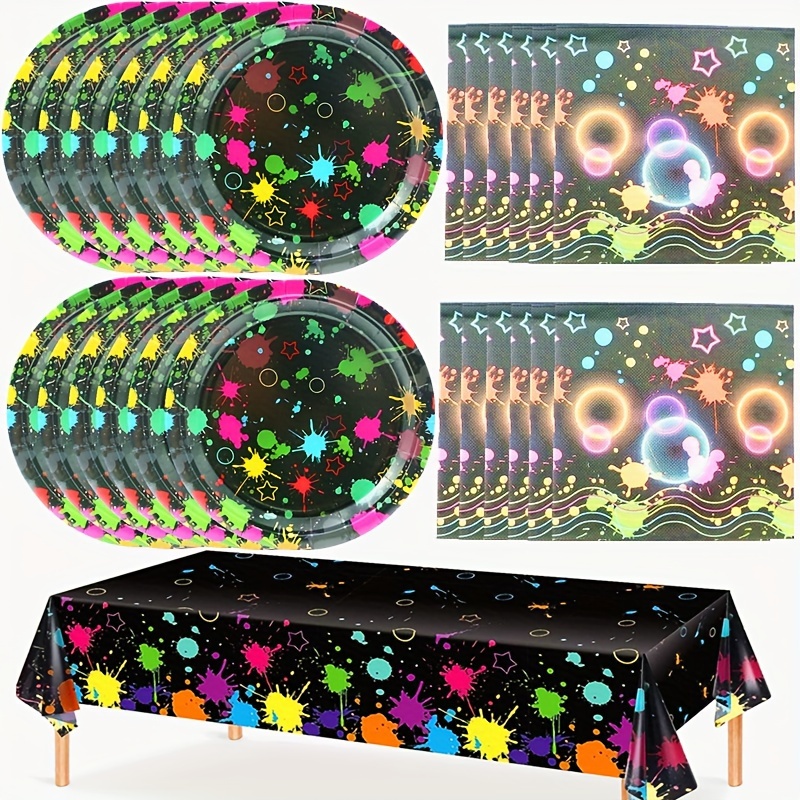 130pcs Glow In The Dark Party Supplies Neon Party Supplies Set Glow In The  Dark Happy Birthday Streamers UV Neon Party Decorations Party Table Covers  Neon Party Tablecloths Glow Birthday Backdrop With