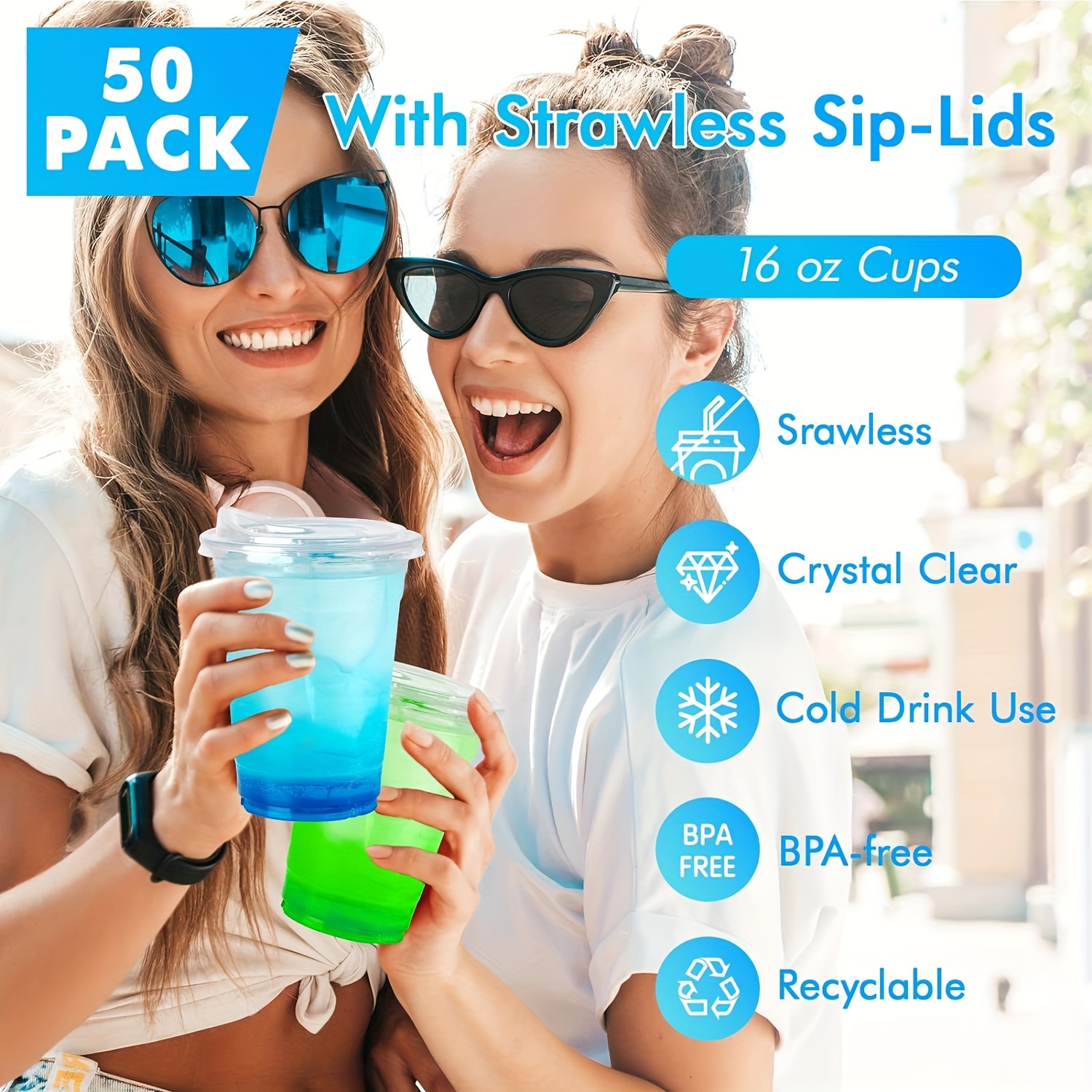 16oz Clear Plastic Pet Cup with Sip Through Strawless Lid Iced