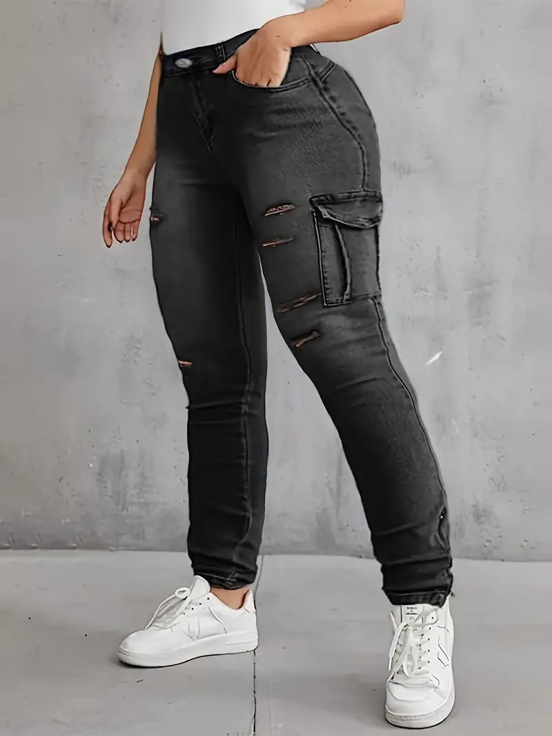 plus size casual jeans womens plus washed button fly ripped medium stretch cargo jeans with pockets details 1