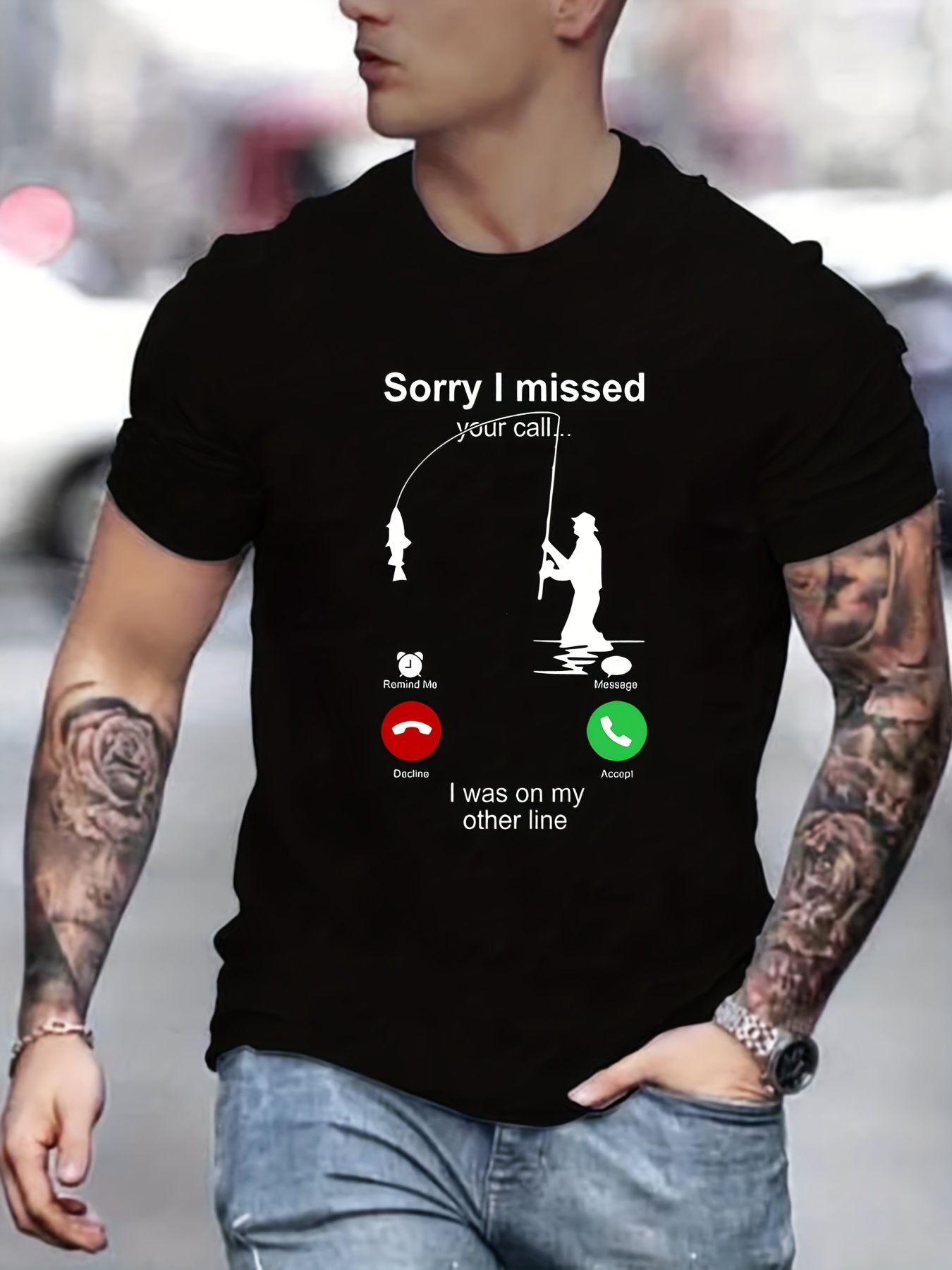 Funny Fishing Man Missed Call Pattern Print Men's T-shirt, Graphic Tee  Men's Summer Clothes, Men's Outfits