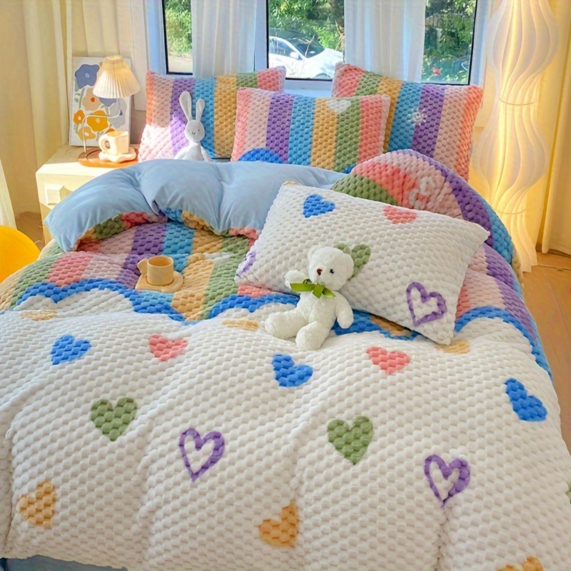 3pcs Fleece Duvet Cover Set (1*Duvet Cover + 2*Pillowcase, Without Core), Rainbow Love Pattern Autumn And Winter Bedding Set, Soft Comfortable And *