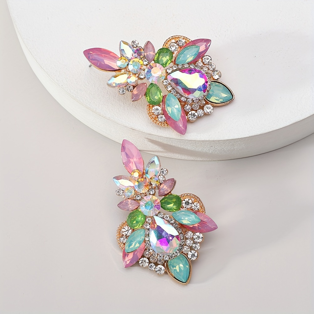 Image of [random Color Color Position]bohemian Ethnic Style Design Floral Alloy Earrings Women's Luxury Elegant Inlaid Colorful Rhinestones Glass Exaggerated Earrings
