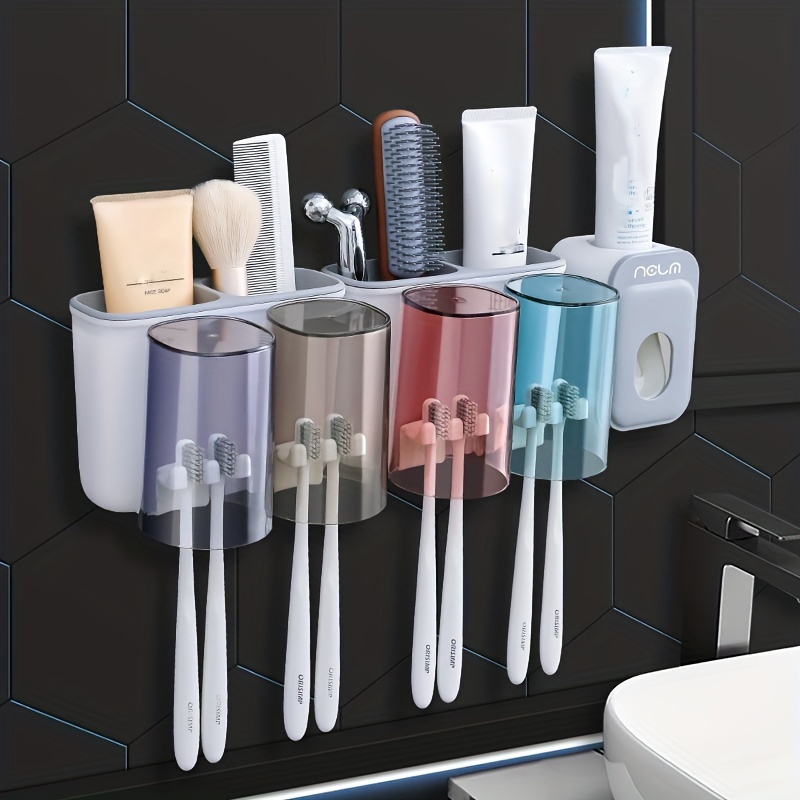  iHave Soporte para cepillos de dientes para baños y exprimidor  de pasta de dientes, 1 taza soporte para cepillo de dientes montado en la  pared, soporte para cepillo de dientes colgante