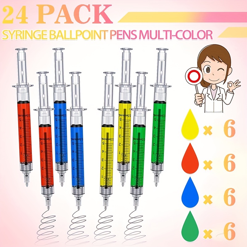 Syringe Pens - (Bulk Pack of 24) Retractable Fun Multi Color