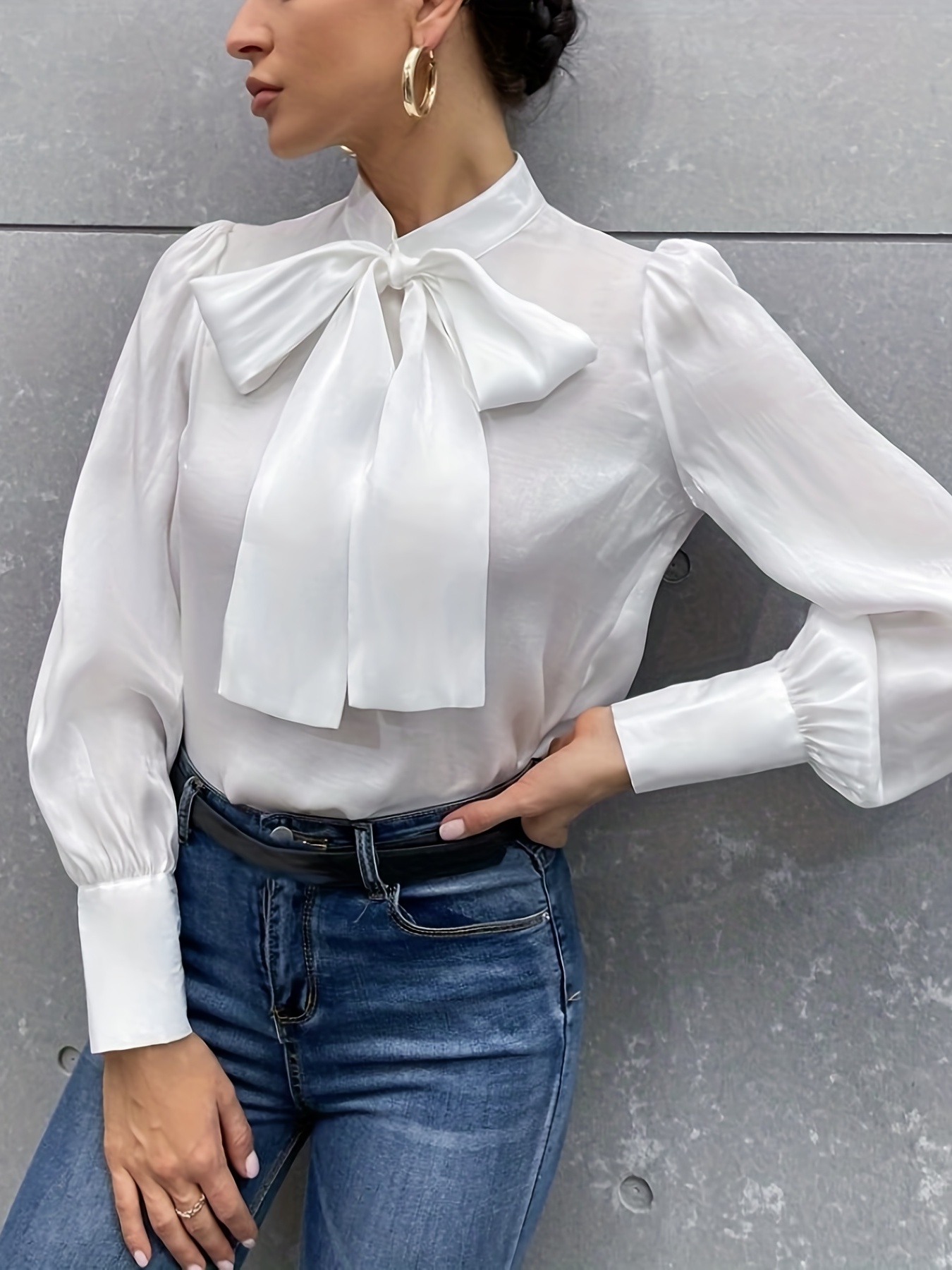 Women's Long Sleeve Blouses Tie Neck Lantern Sleeve Ruffle Trim Top Regular  Fit Shirt for Work : : Clothing, Shoes & Accessories