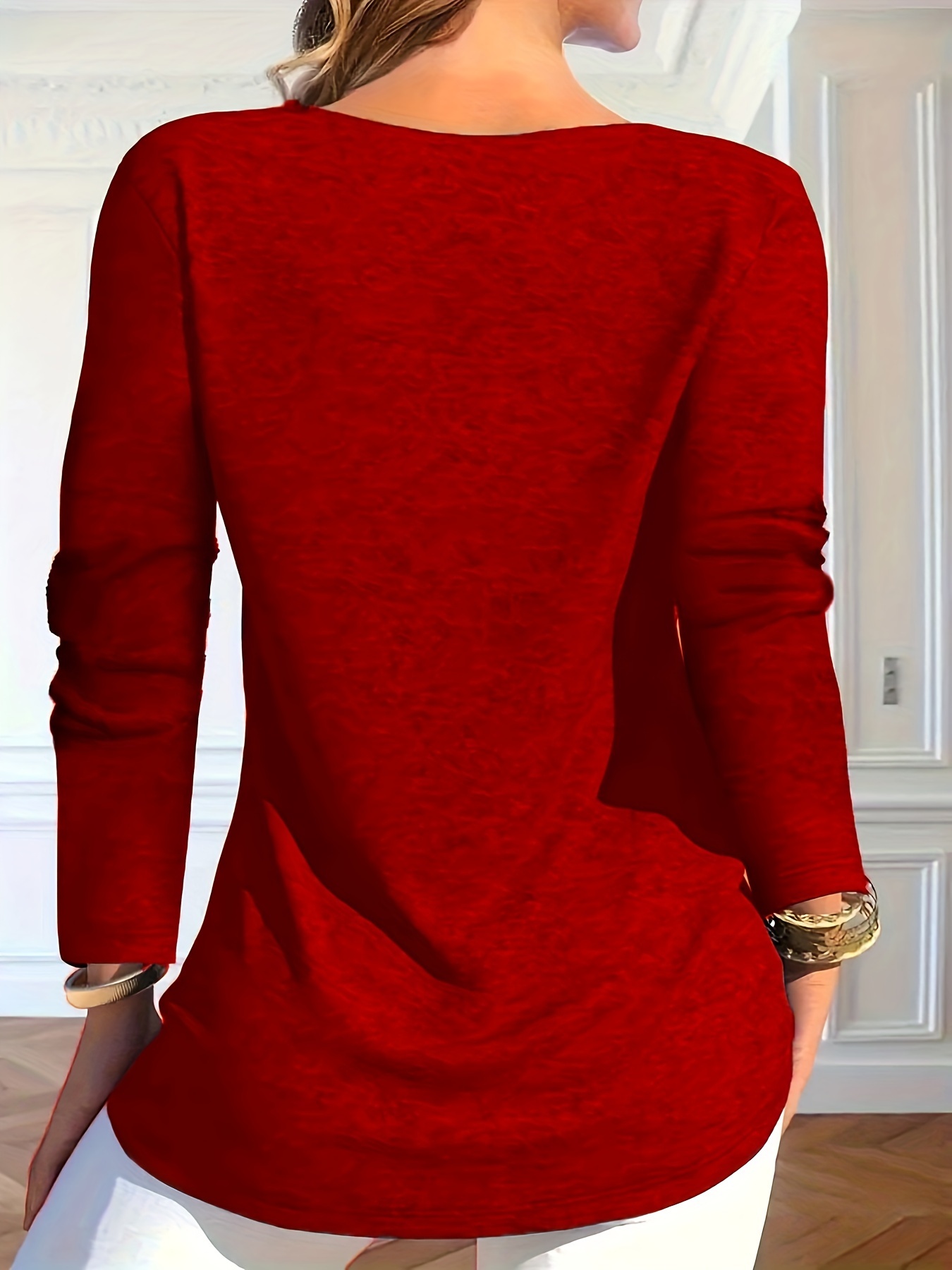YWDJ Womens Sweaters Plus Size Fashion Women Solid Long Sleeve Pullove  Square-Neck Casual Sweater Tops Red L 