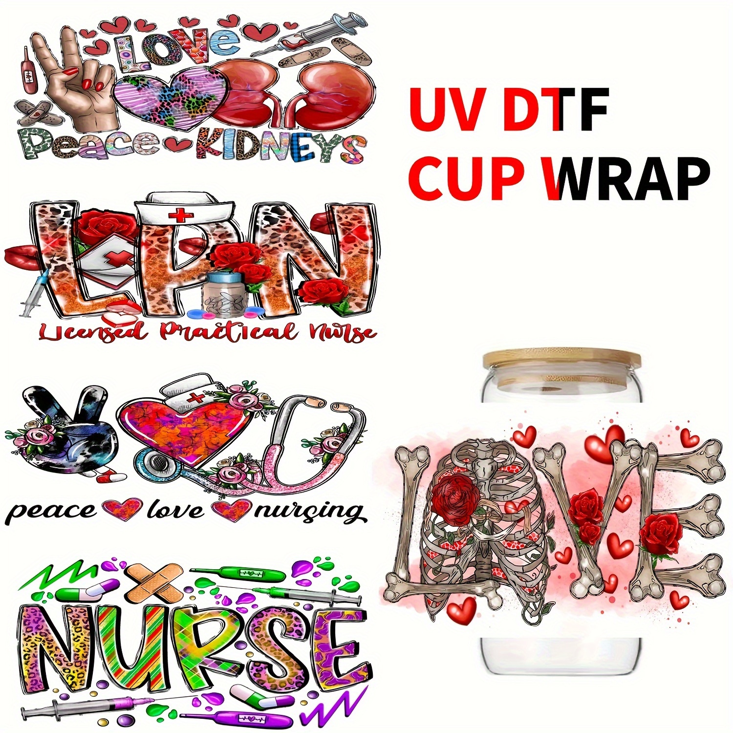 Yalulu UV DTF Cup Wrap,5 Sheets Teacher Nurse Dental Hair Stylist Coffee  Theme Rub on Transfers, Glass Cups Wrap Transfer Stickers Waterproof Glass