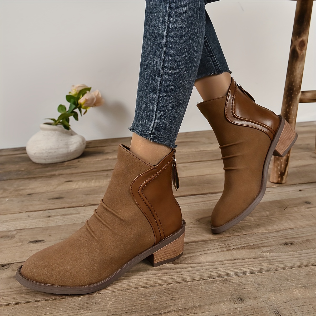 Women's Retro Stitching Ankle Boots, Ruched Back Zipper Chunky Low Heeled  Boots, Casual Short Boots - Temu United Kingdom