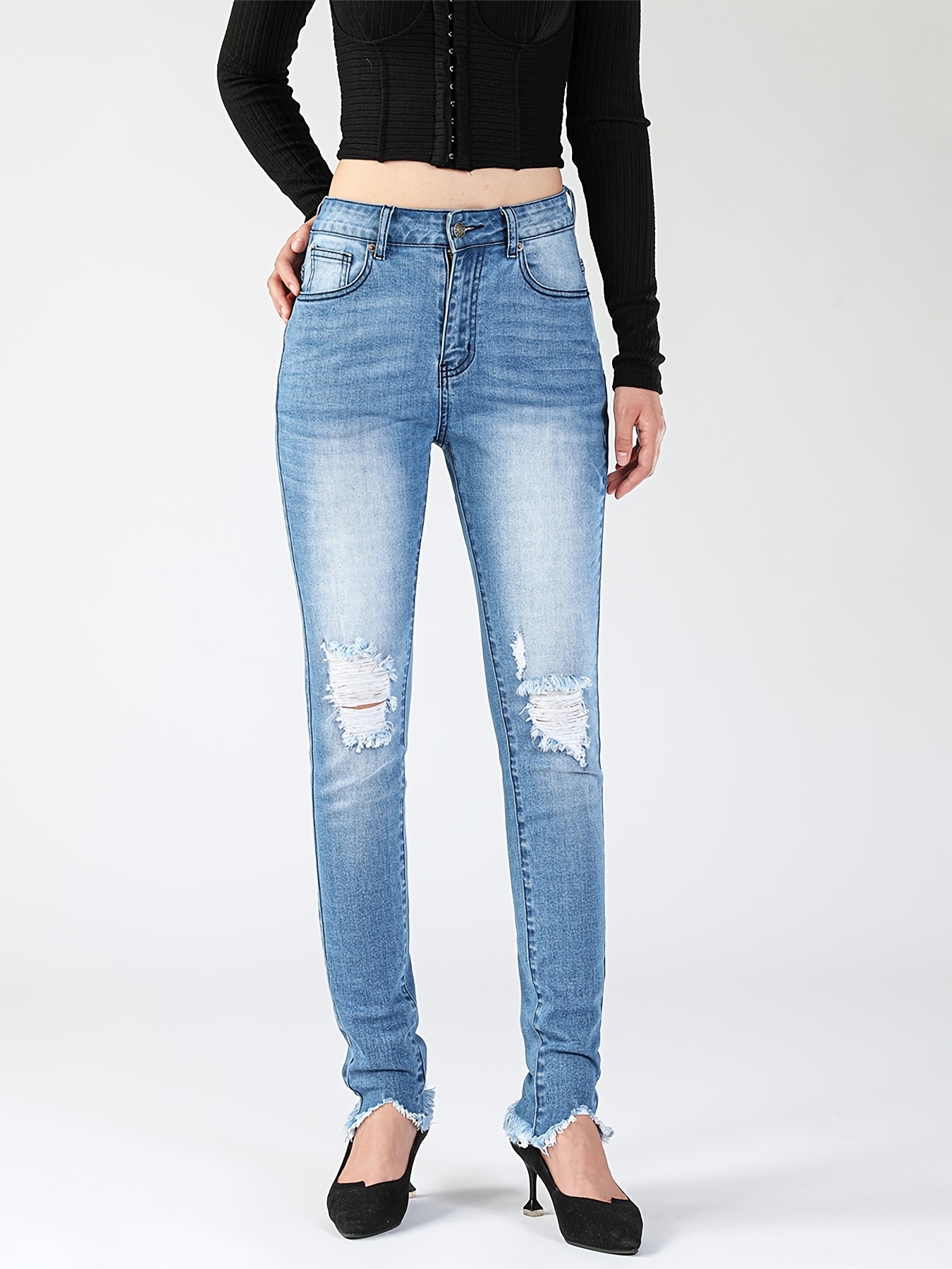 Jeans ajustados de talle alto bajo crudo  Pantalones jeans para mujer,  Pantalones jeans de moda, Pantalones de mezclilla mujer