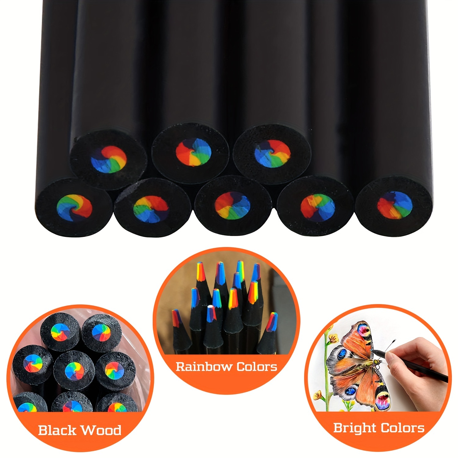  ThEast Black Wooden Rainbow Colored Pencils, 7 Color
