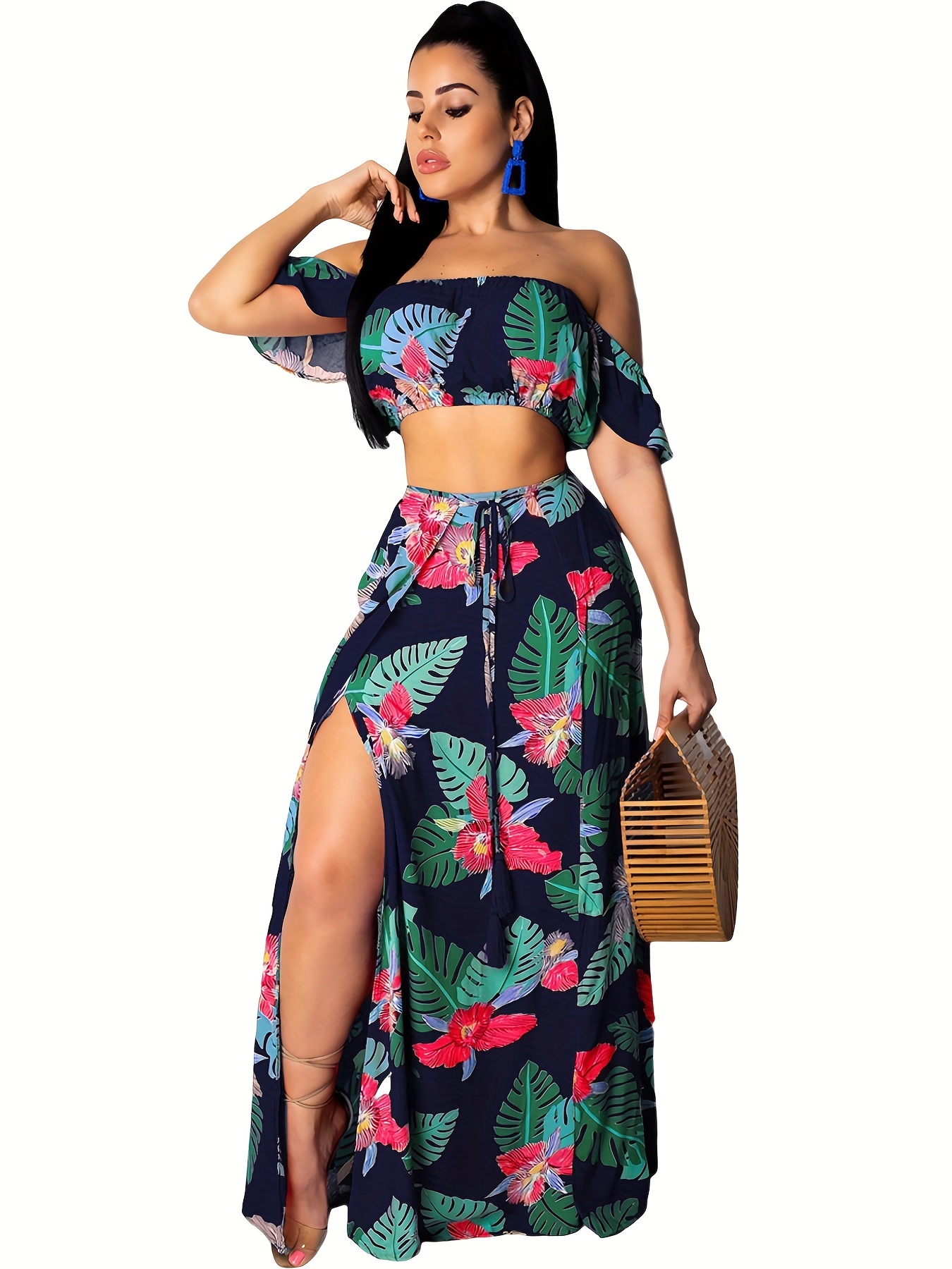 2 Piece Set Women's Crop Top Skirt Side Slit Two Piece Outfit