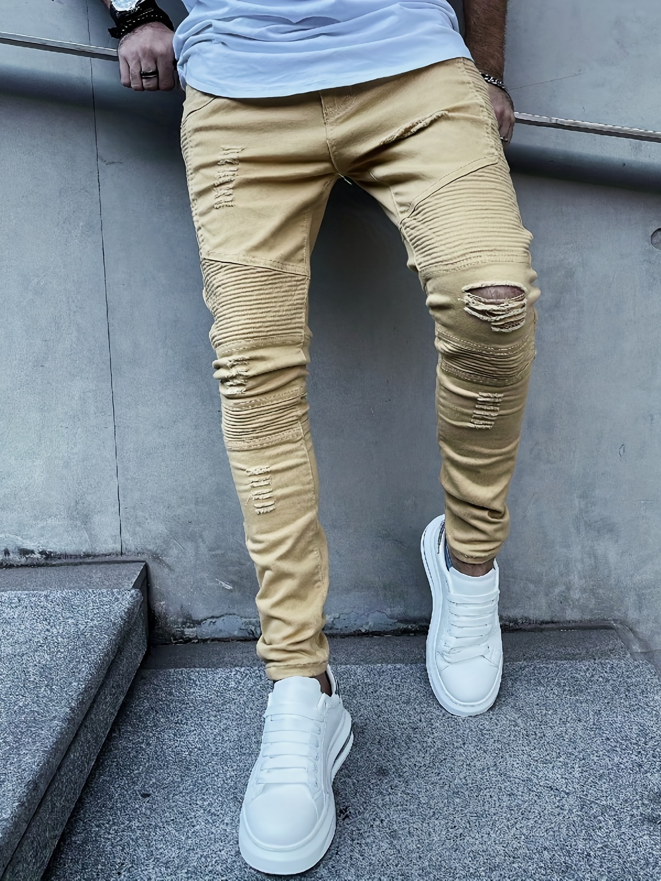Slim Fit Biker Jeans Men's Casual Street Style Distressed - Temu Philippines