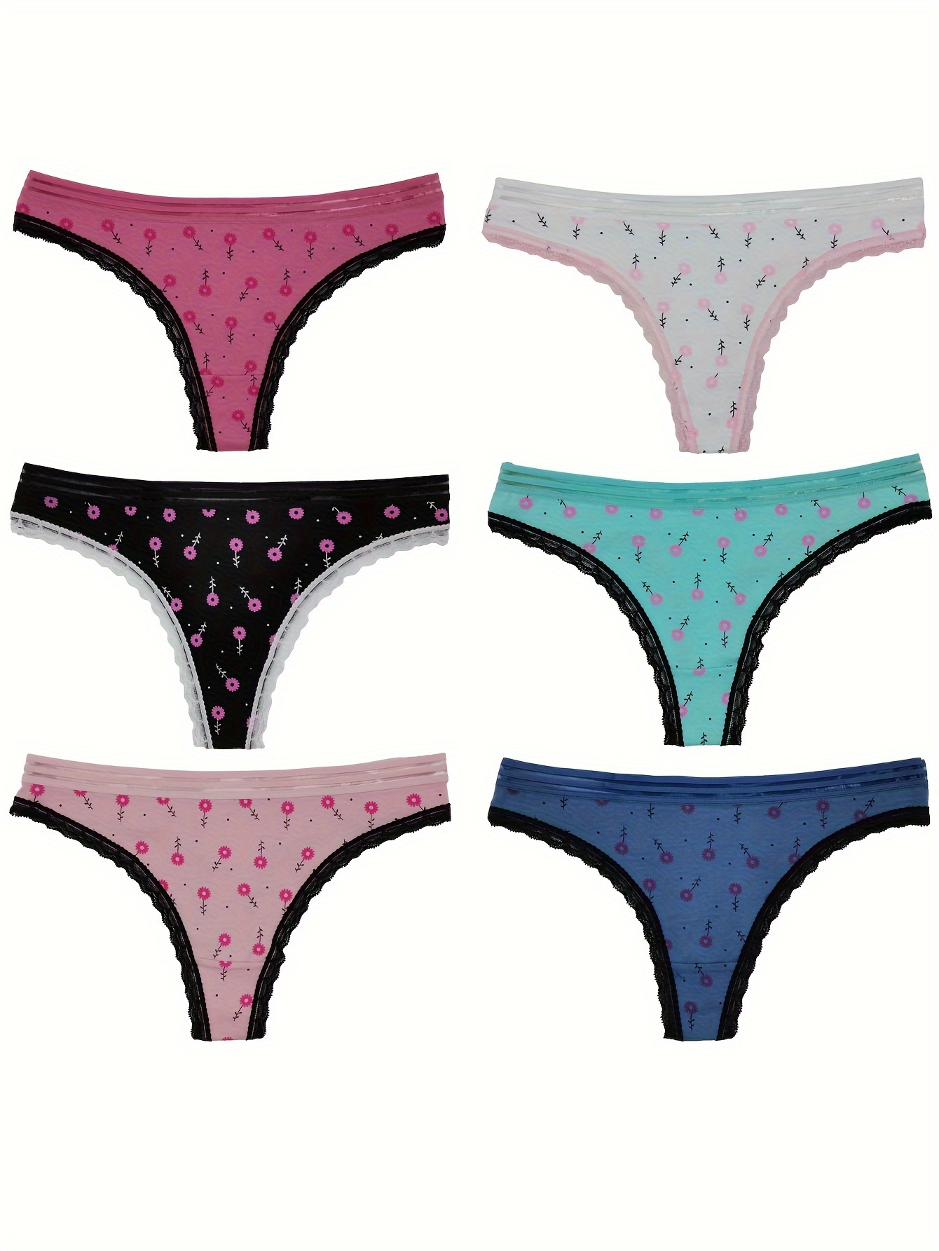 5pcs Cartoon Print Thongs, Cute & Comfy Lace Trim Intimates Panties,  Women's Lingerie & Underwear