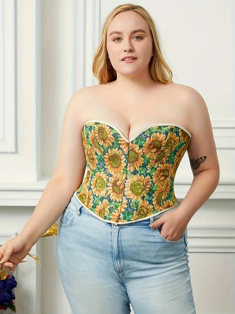 Plus Size Coachella Elegant Corset, Women's Plus Sunflower Print Grommet  Lace Up Back Tummy Control Shaping Bustier Lingerie