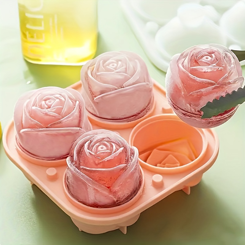 4 In 1 3D Rose Ice Maker With Large Flower Shape Pink Mold On Food