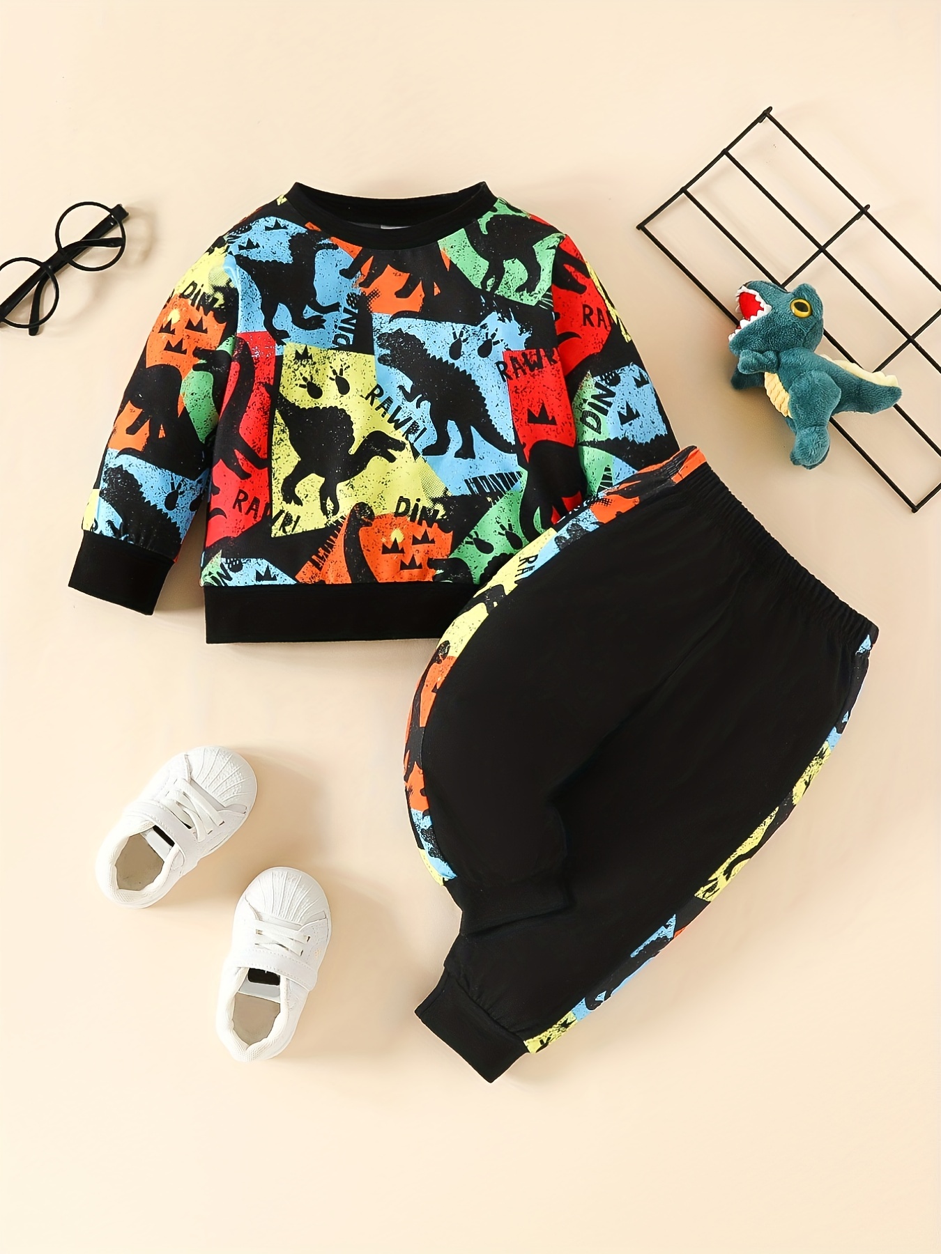 Boy's Cute Dinosaur Print Long sleeved Shirt + Sports Pants - Temu