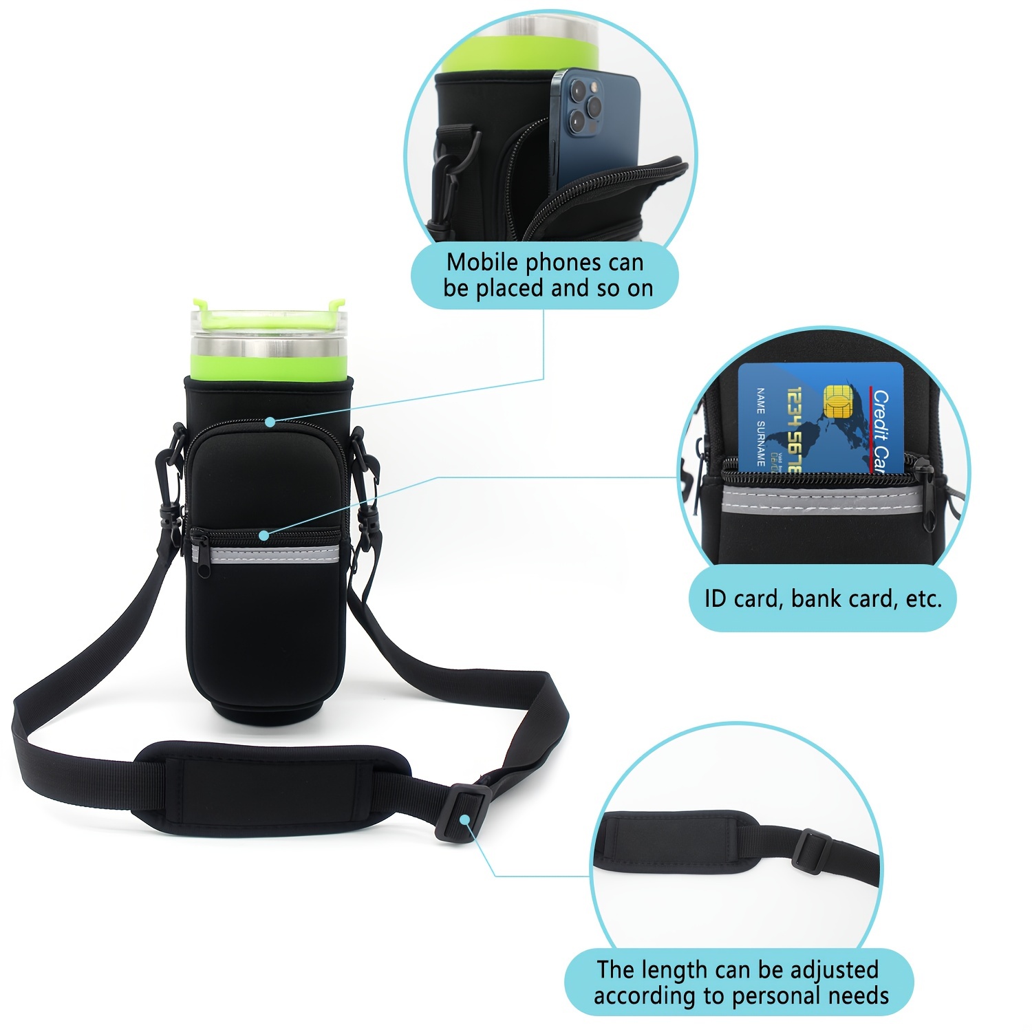 1pc Water Bottle Bag for 40 Oz Tumbler with Handle, Neoprene Cup  Accessories with Adjustable Shoulder Strap, Carrier Clip for Travel Hiking
