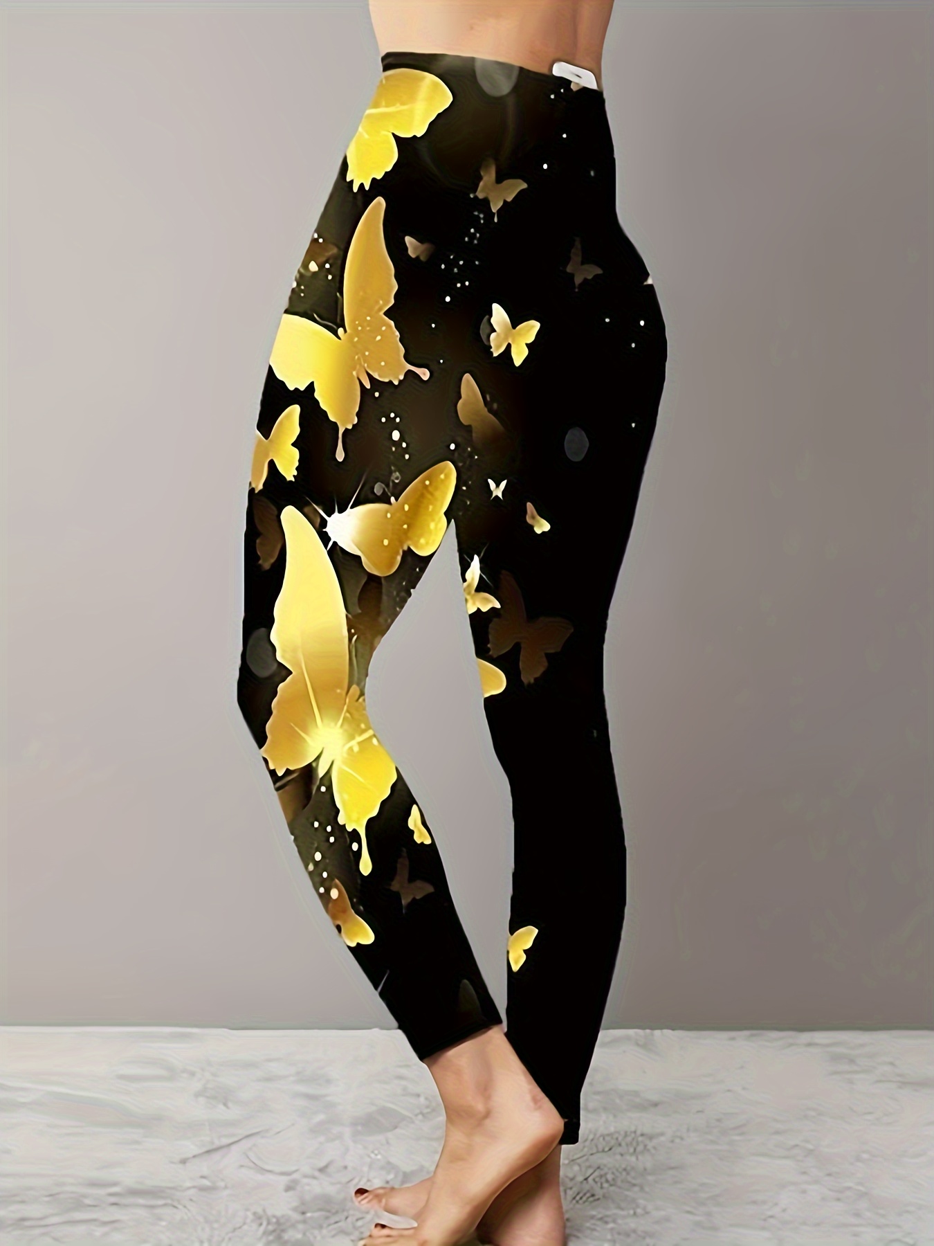 Plus Size Casual Leggings, Women's Plus Glitter Butterfly Print Elastic  Slight Stretch Leggings
