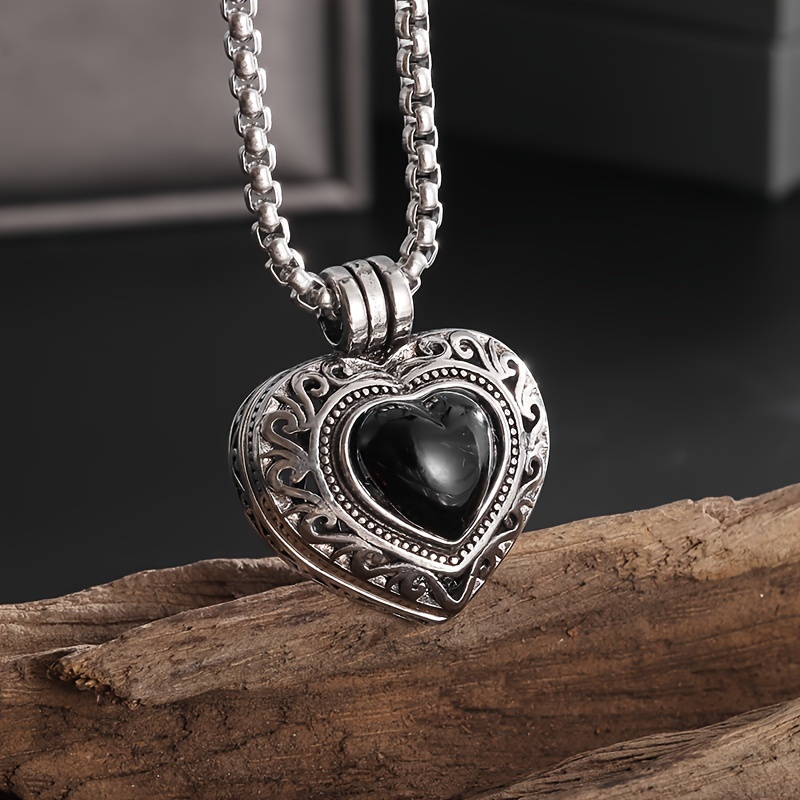 

1pc Fashion Heart Shaped Necklace, Romantic Black Stone Openable Pendant, Men Women Anniversary Jewelry Gift