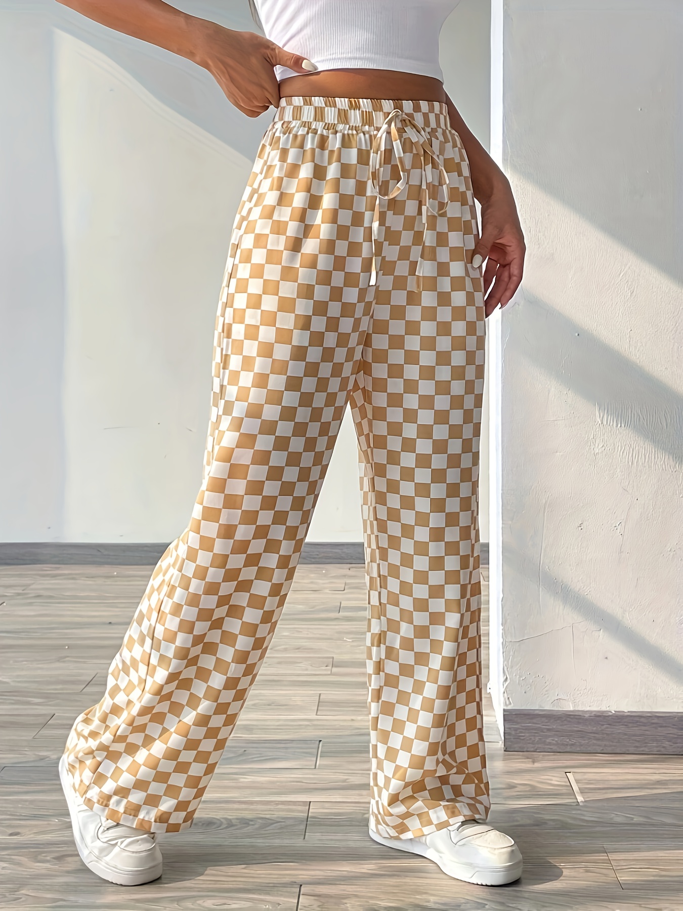 Stylish Checked Print Wide Leg Pants - Comfortable Drawstring Loungewear - Perfect for Spring & Summer Days - Effortless Casual Style for Women