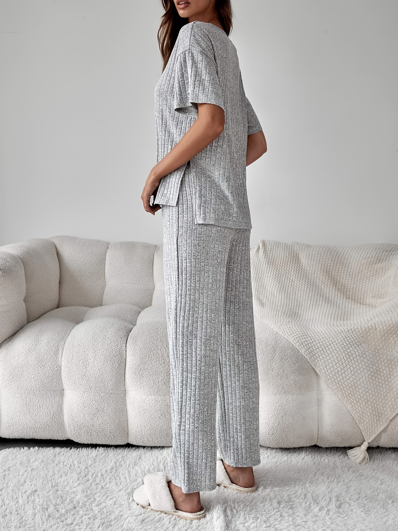 Ribbed Lounge Set Short Sleeve Top & Pants Women's Loungewear