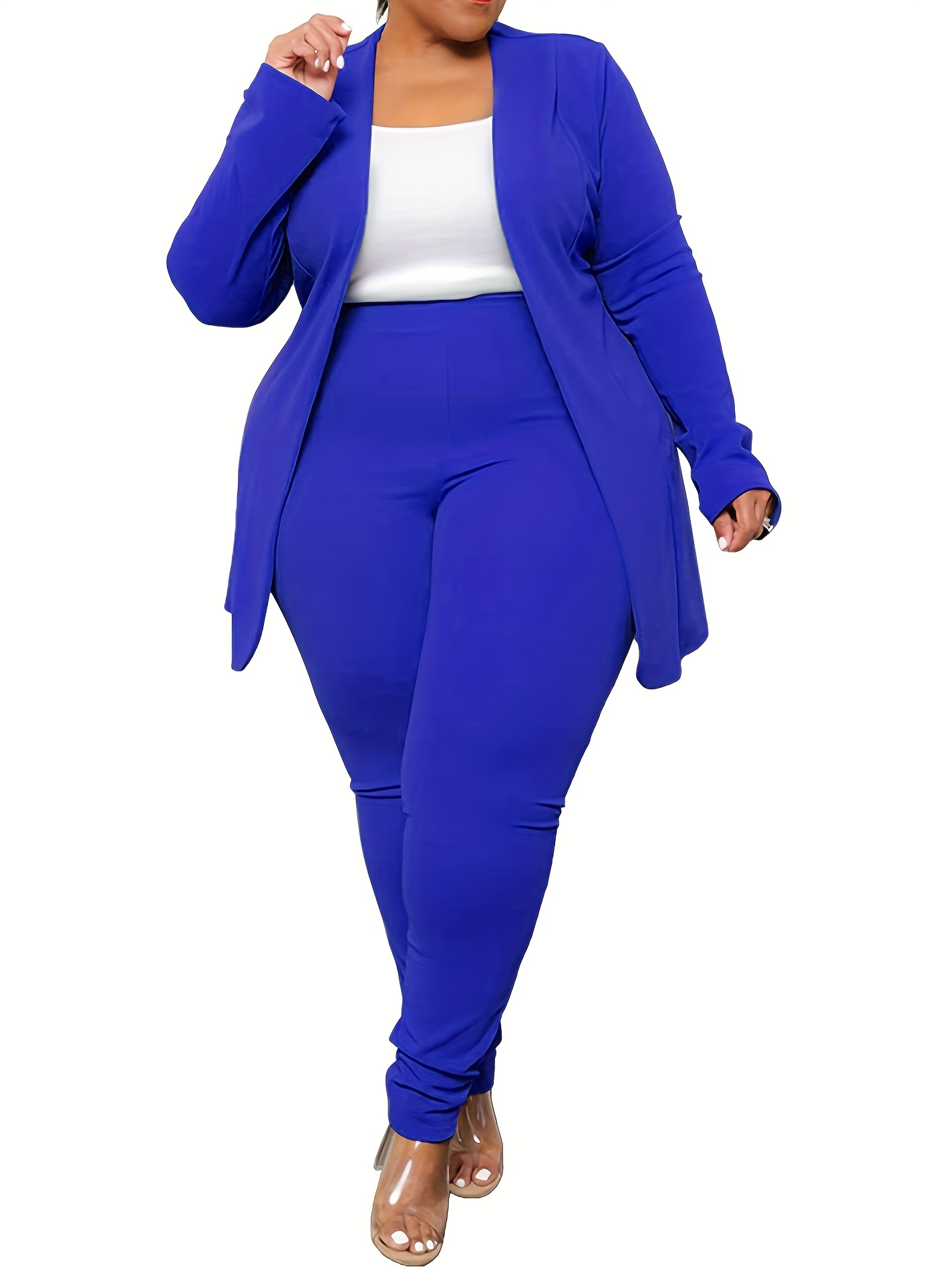 Plus Size Business Casual Suit Set, Women's Plus Solid Long Sleeve Single  Breast Button Lapel Collar * & Pants Suit Two Piece Set