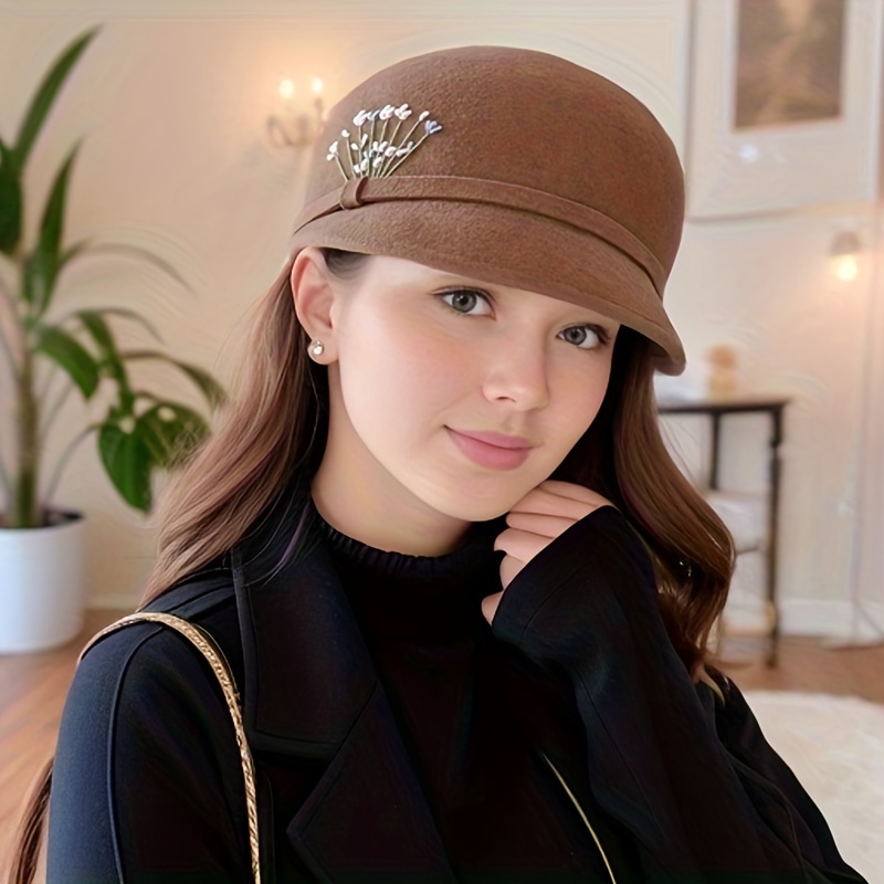 Fedora Hats Women Short Brim Tweed Jazz Hat Woolen Elegant Hat with Flower Decor Accessories,Temu