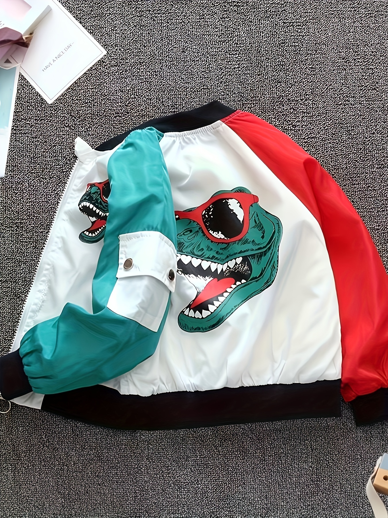 Kid's Dinosaur Print Varsity Jacket, Zip Up Long Sleeve Coat