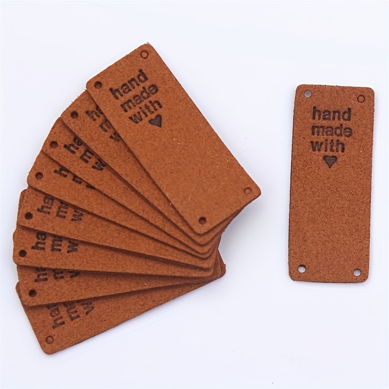 Heart Fold Over Leather Label Handmade with Love mod. P - Knit or Crochet  Leather Tags for Handmade Items (Standard Text - 15 Pieces)