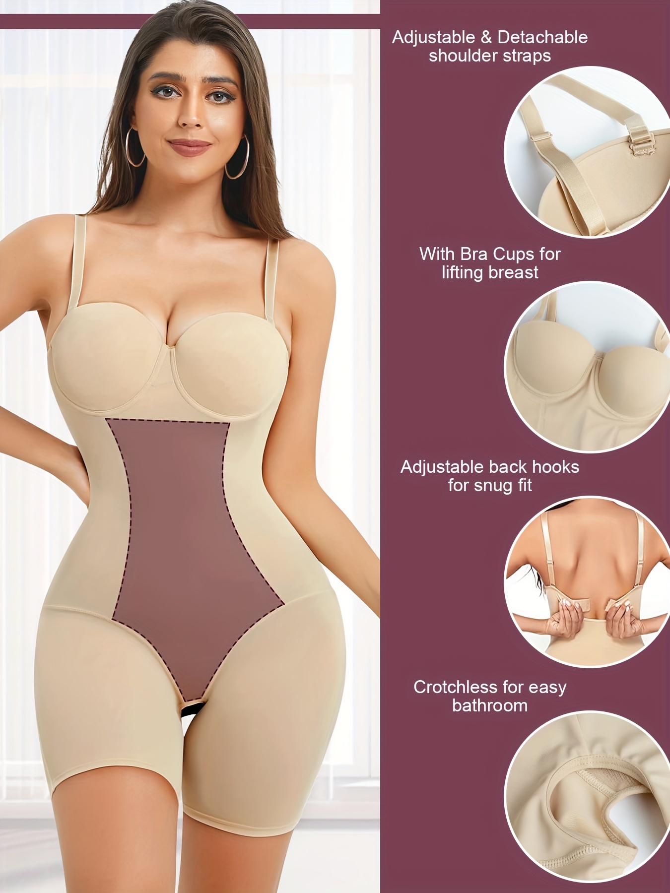 Women Tummy Control Shapewear Bodysuit With Bra Support Lift Cup