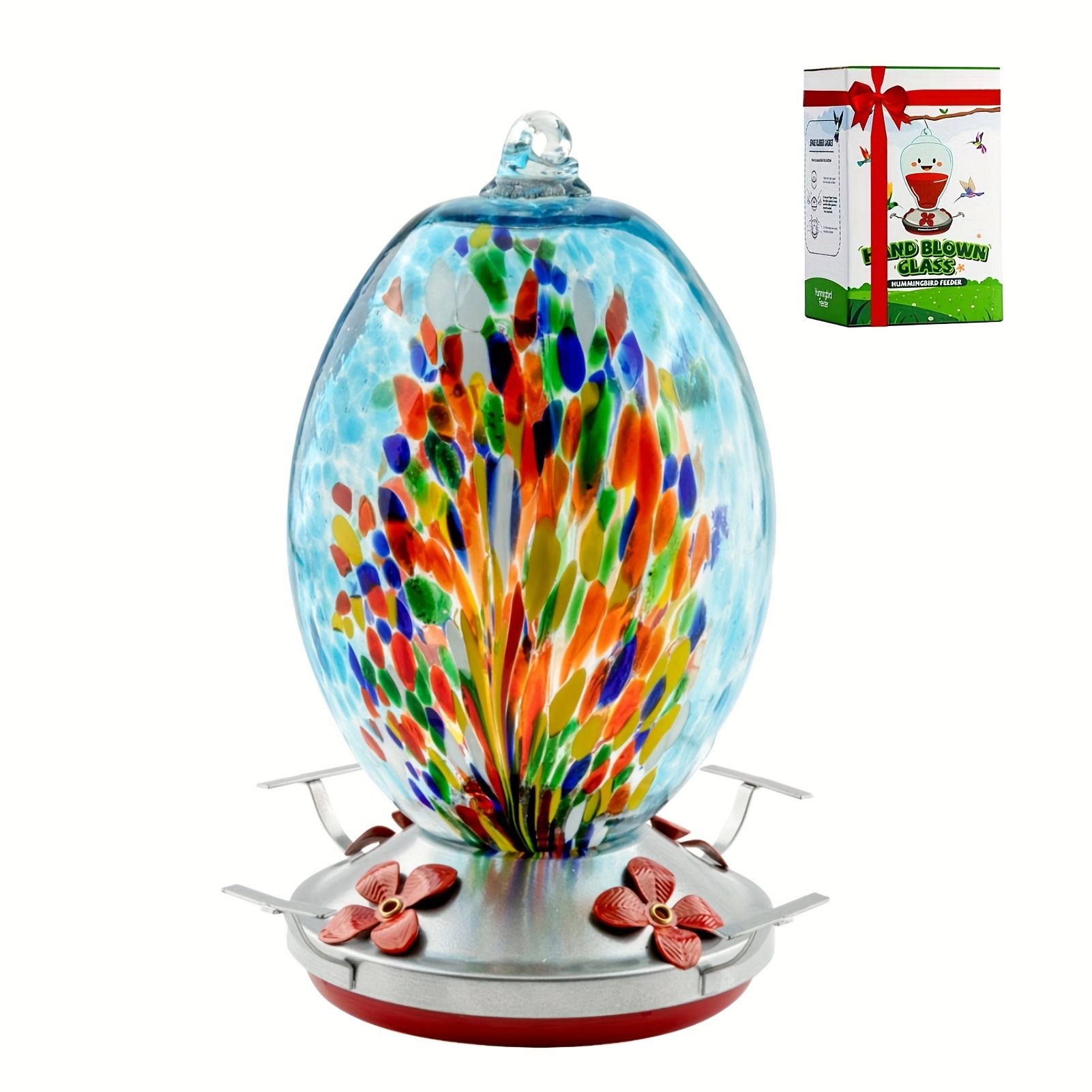 1pc Hummingbird Feeder For Outdoors Patio Garden Hand Blown Glass Large 30 Ounces Colorful Hummingbird Feeder With Hooks, Brush And Service Card