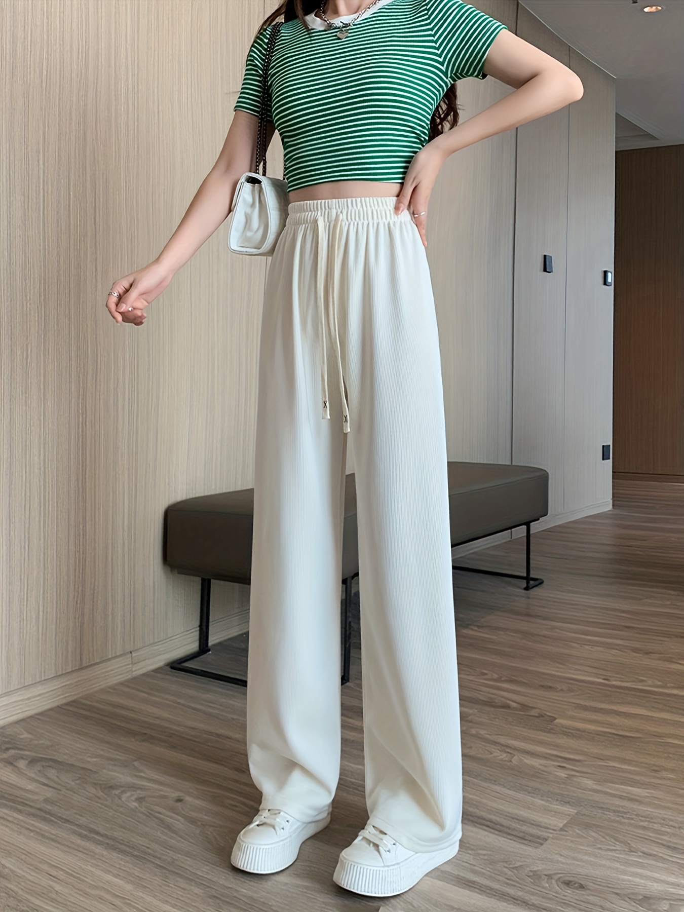 Drawstring Knitted Straight Pants Casual Elastic Solid High - Temu