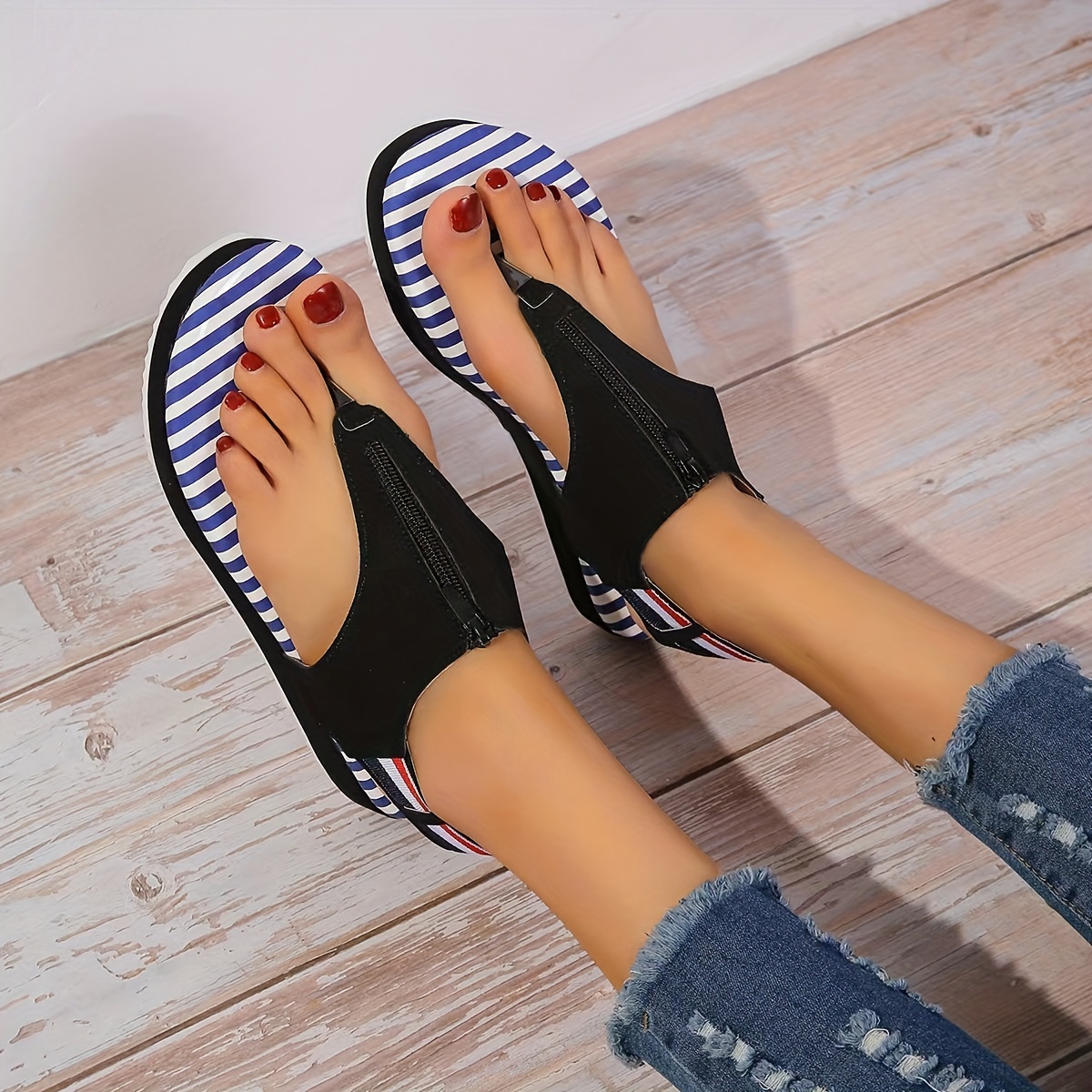 Sandalias Tiras Planas Estampado Rayas Mujer Zapatos Playa Temu