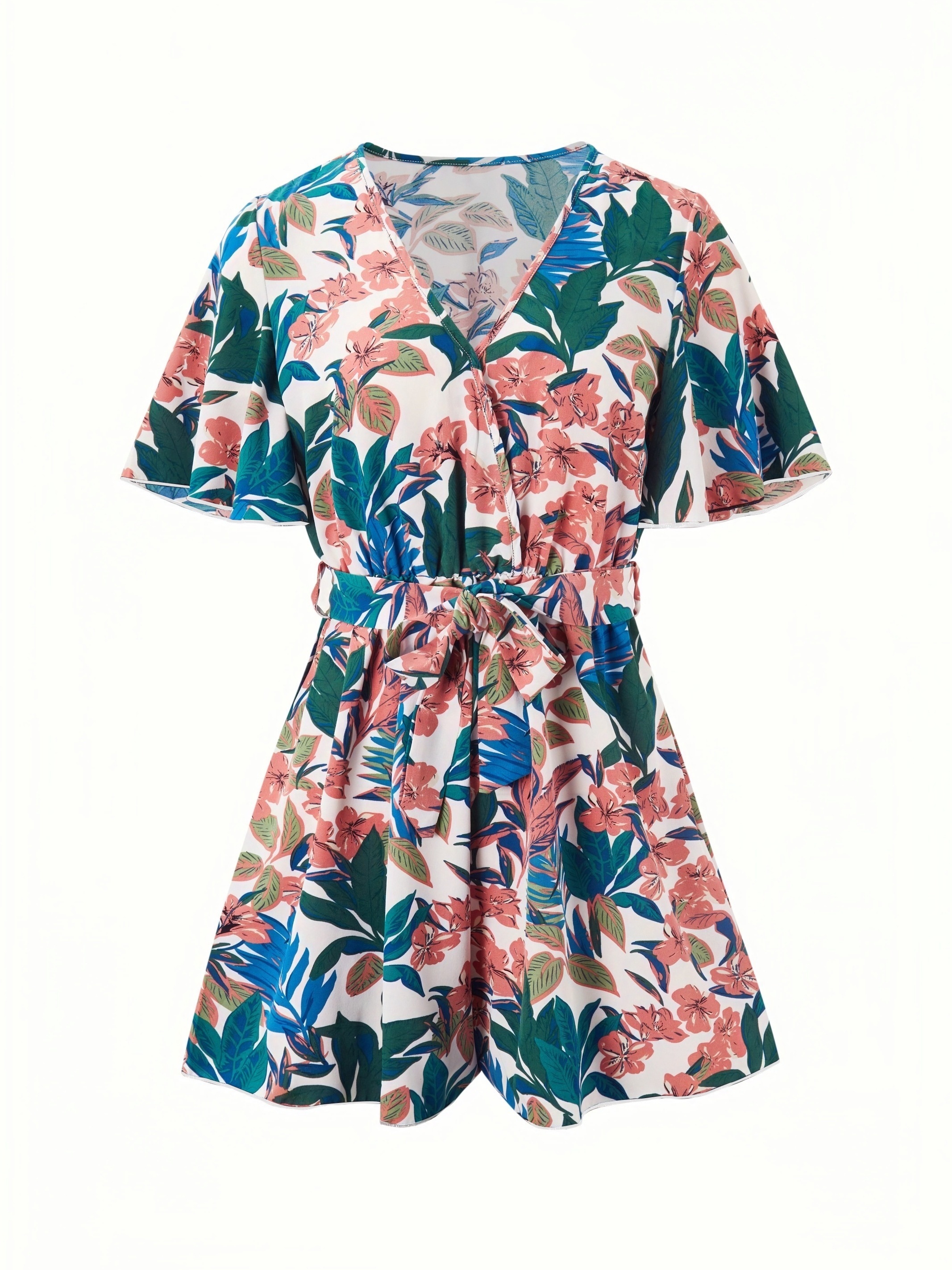 Boho Floral Print Belted Jumpsuit Flutter Sleeve Deep V Neck Casual Jumpsuit