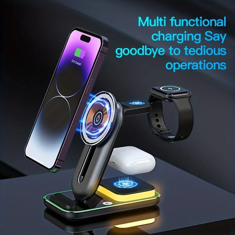 Magnetic Wireless Charger 4-in-1, Fast Charging Station For Watch 7/6/5/4/3 /2/1, For Pro, Fast Charging For Iphone 15 14/13 Pro/pro Max/12/11/x/xr,  Advance Fast Charging For Galaxy S23/22/21 Phone Series, With Led Night  Light