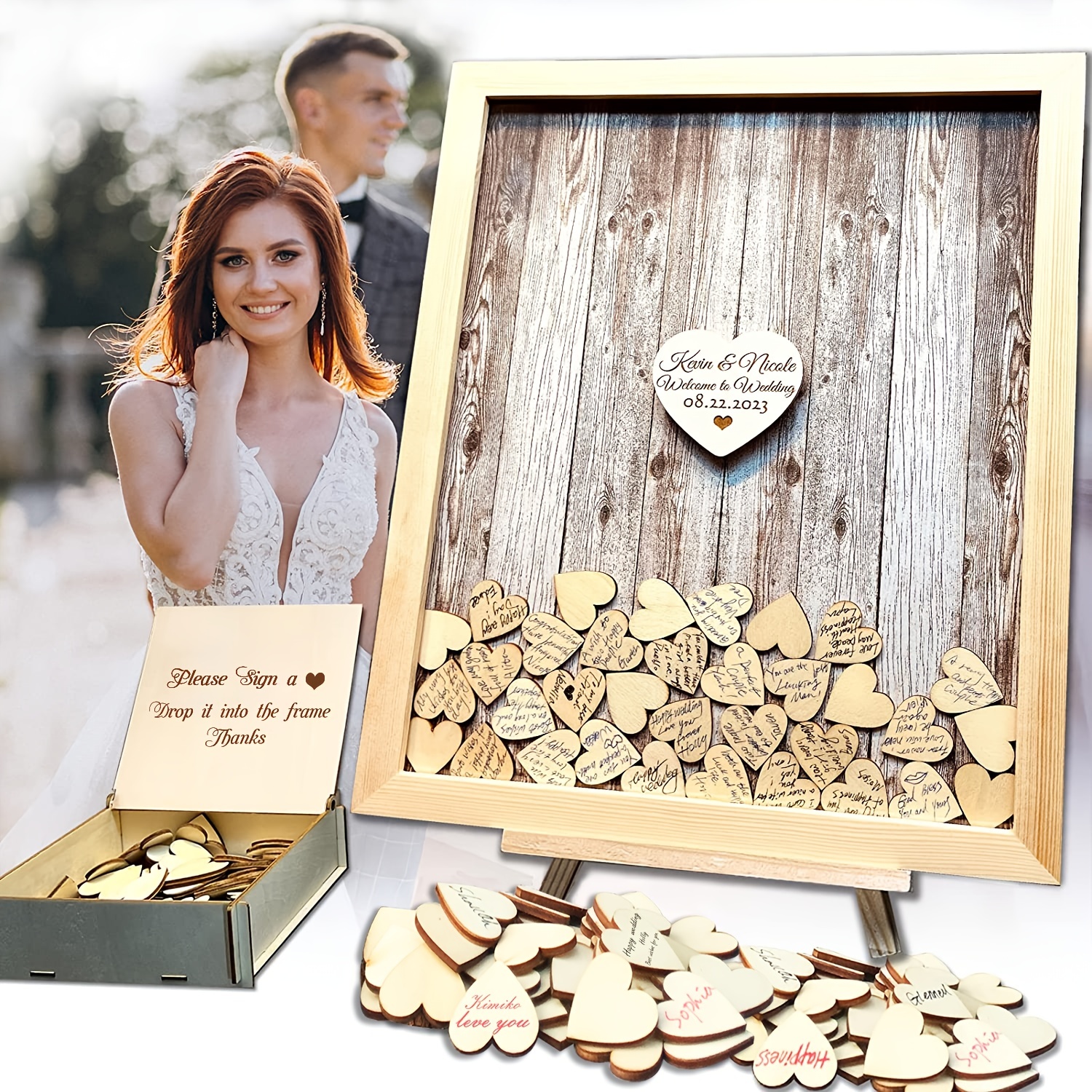 Morima Wedding Guest Book Kit Wooden Heart Shape Guest Book Drop Box with Heart Shape Frame Box Balloons Hearts Pieces Pens for Weddings Baby Shower