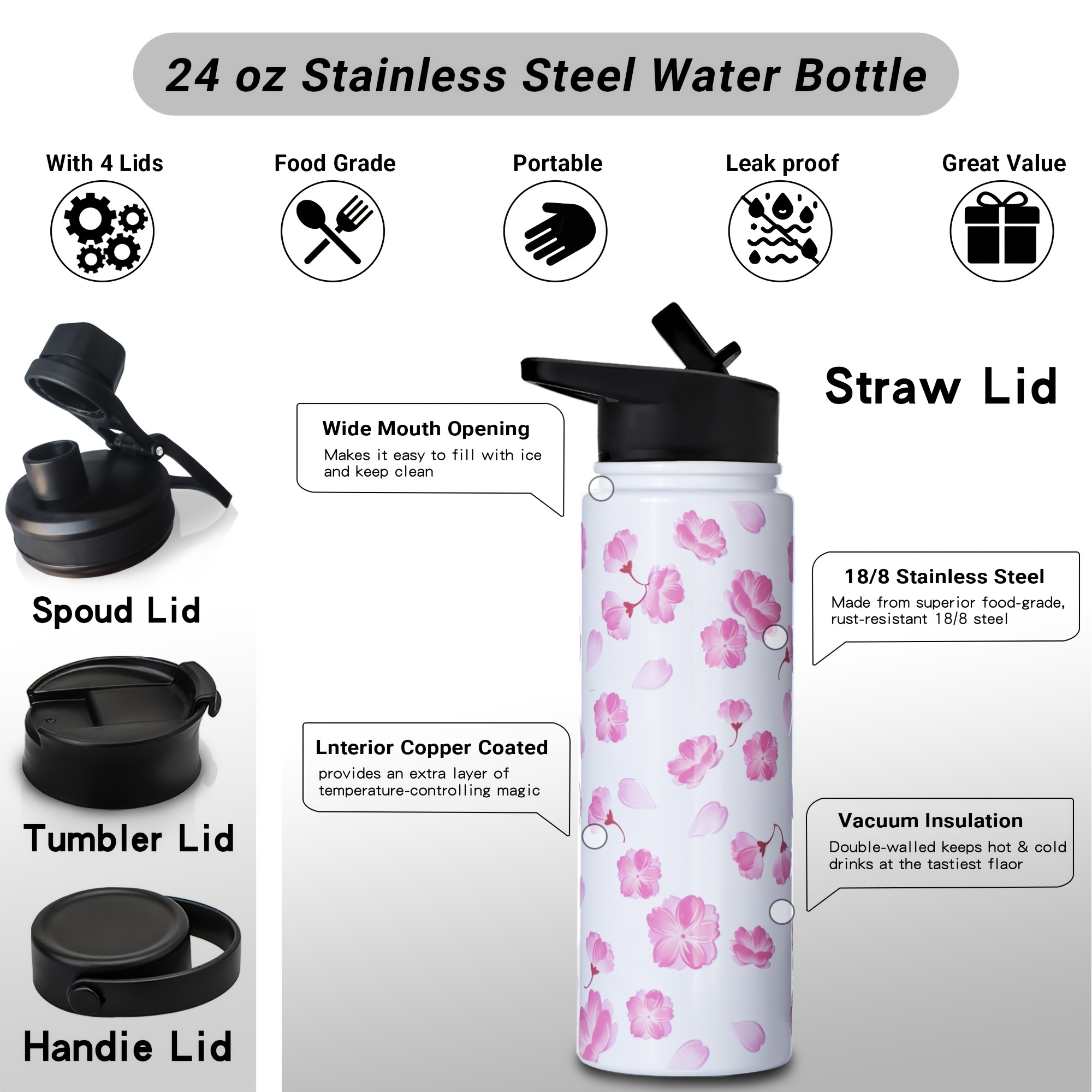 Cherry Sports Water Bottle 304 Stainless Steel - Temu