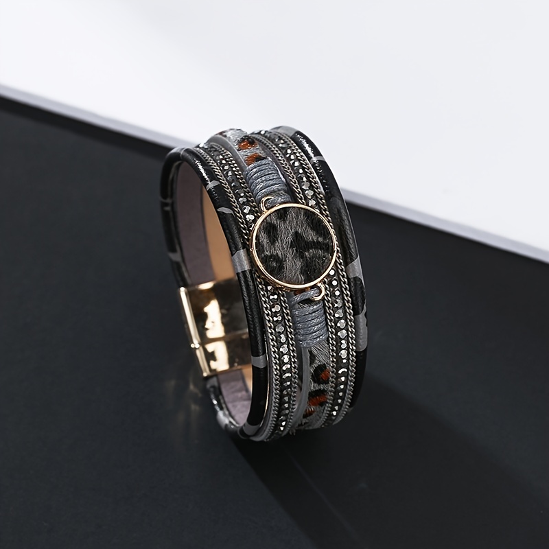Multilayer Braided Leopard Print Magnetic Button Leather Bracelet