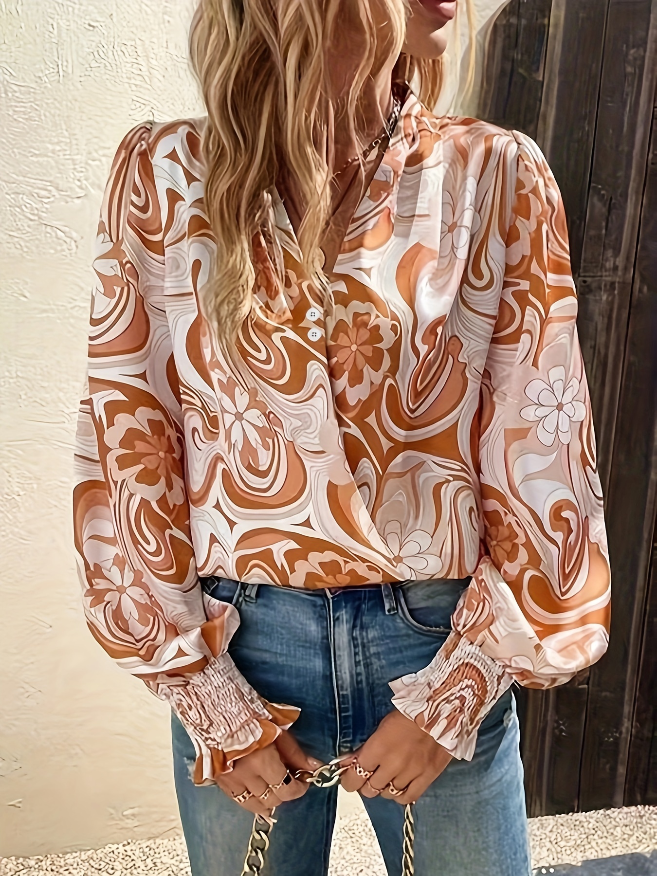 Plus Orange Wrap Over Floral Blouse, Women's Blouses