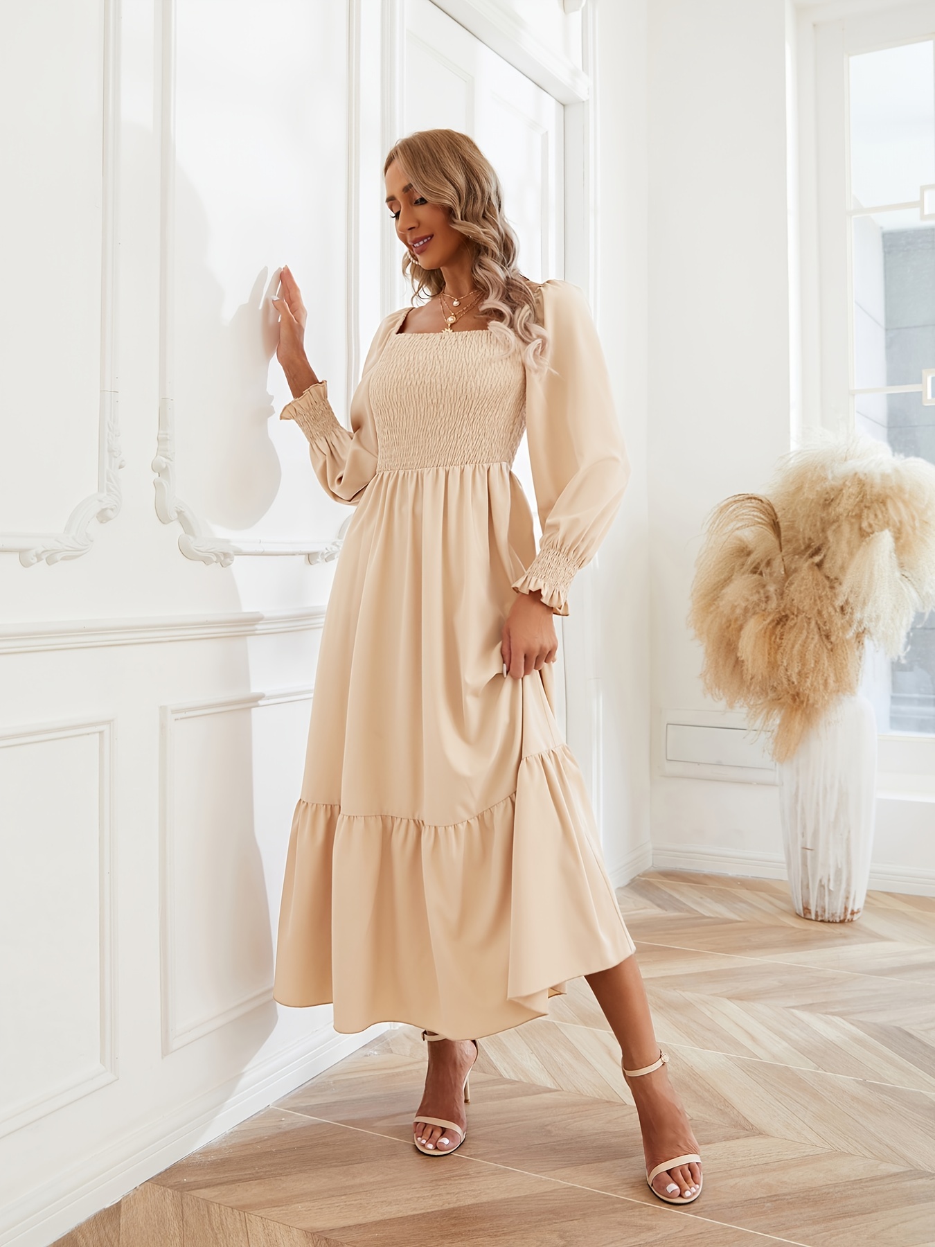 Solid Neck Long Loose Sleeve Shirred Maxi Dress Temu Canada