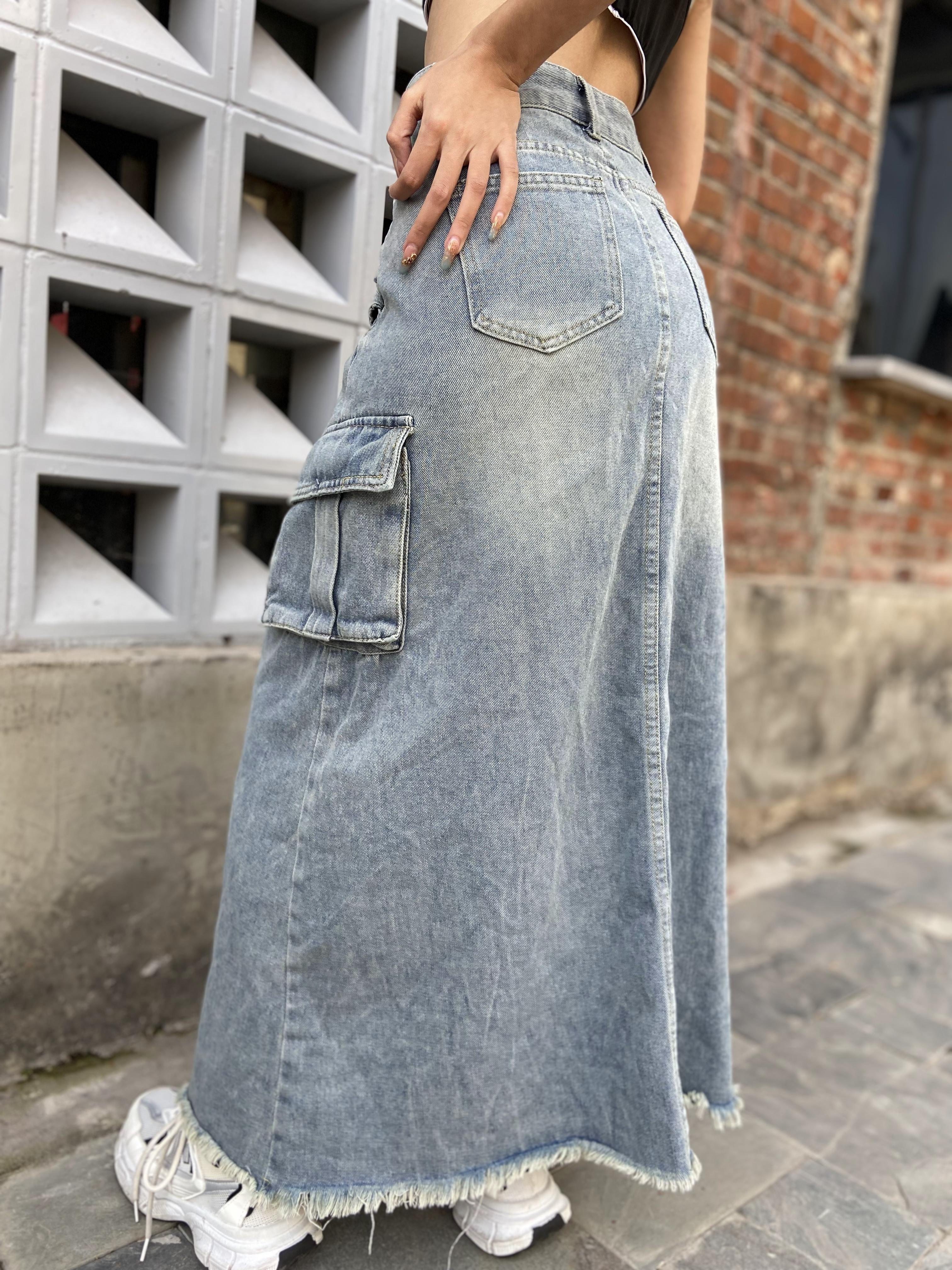 Flap Pockets Cargo Denim Maxi Skirt Y2k Style Washed Denim - Temu