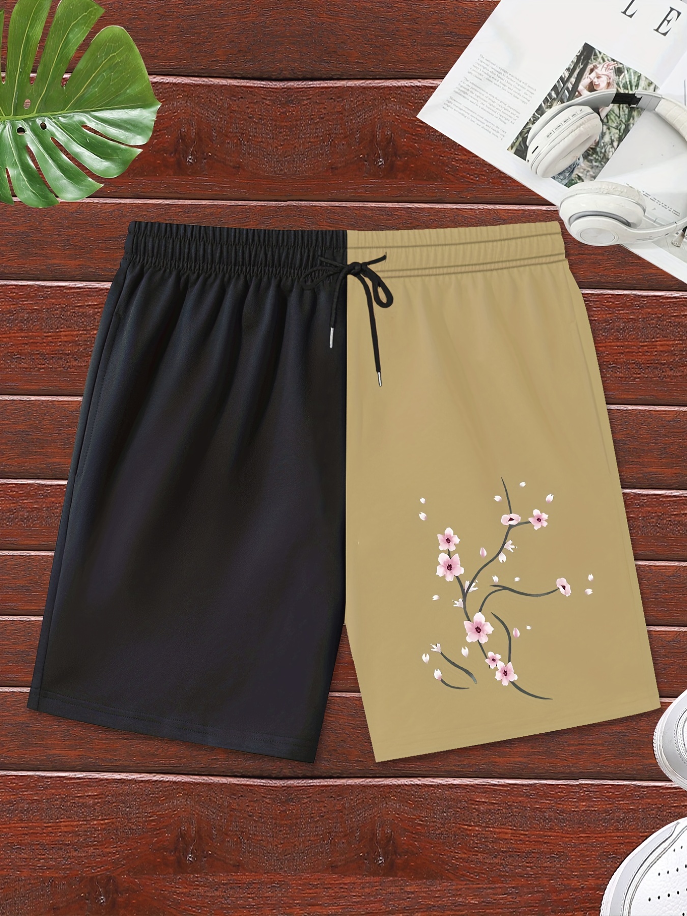 Plus Size Men's Streetwear Shorts, Color Block Flower Graphic