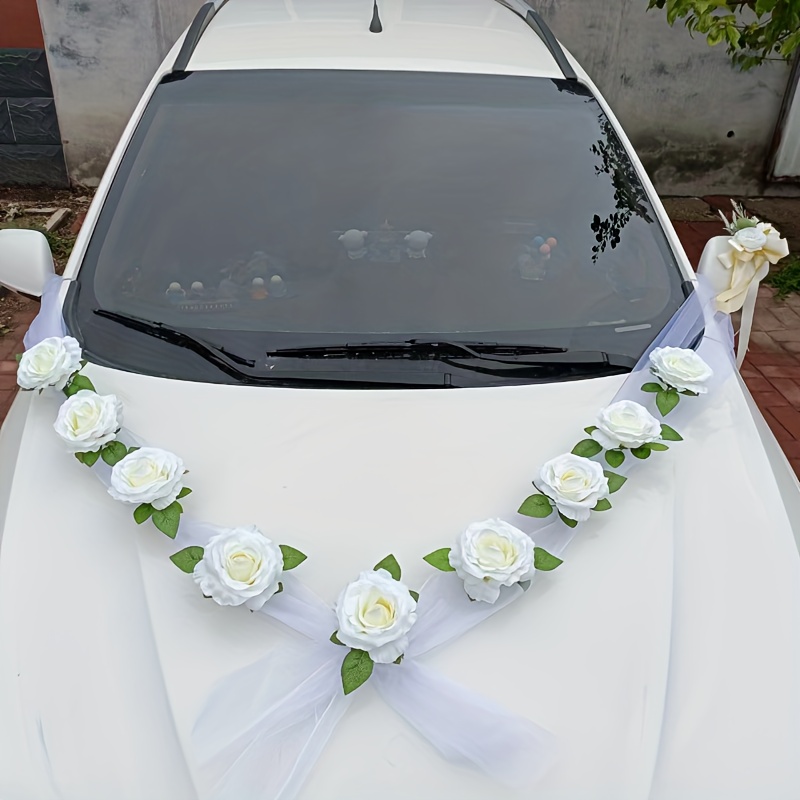  XFVC Hochzeit Auto Vorne Blumendekoration,Schleife Künstliche  Blume Braut Auto Dekor Hochzeit Dekoration Set Assistent Auto Dekoration  (Color : White)