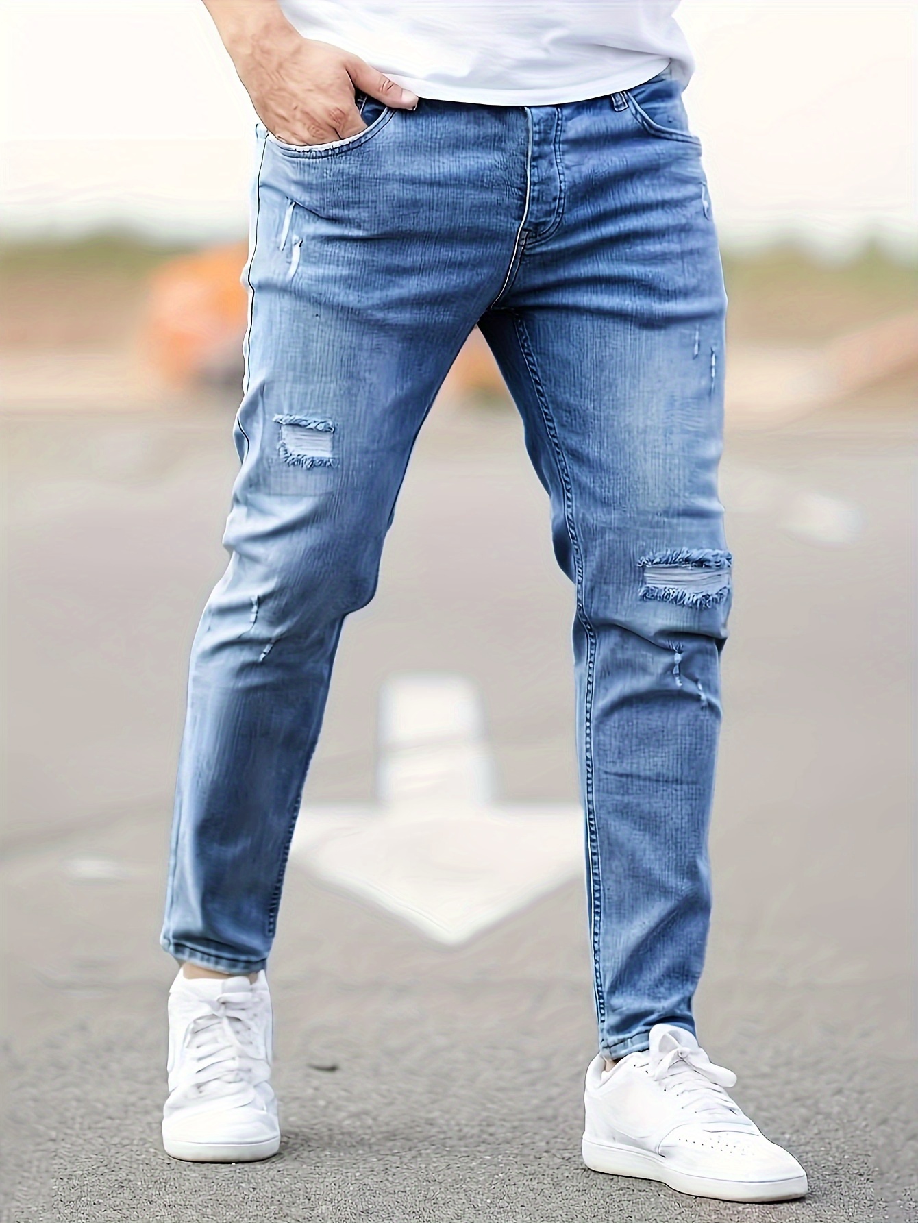 Ripped High Knee Cut Jeans Slash Pocket Casual Slim Fit - Temu Canada