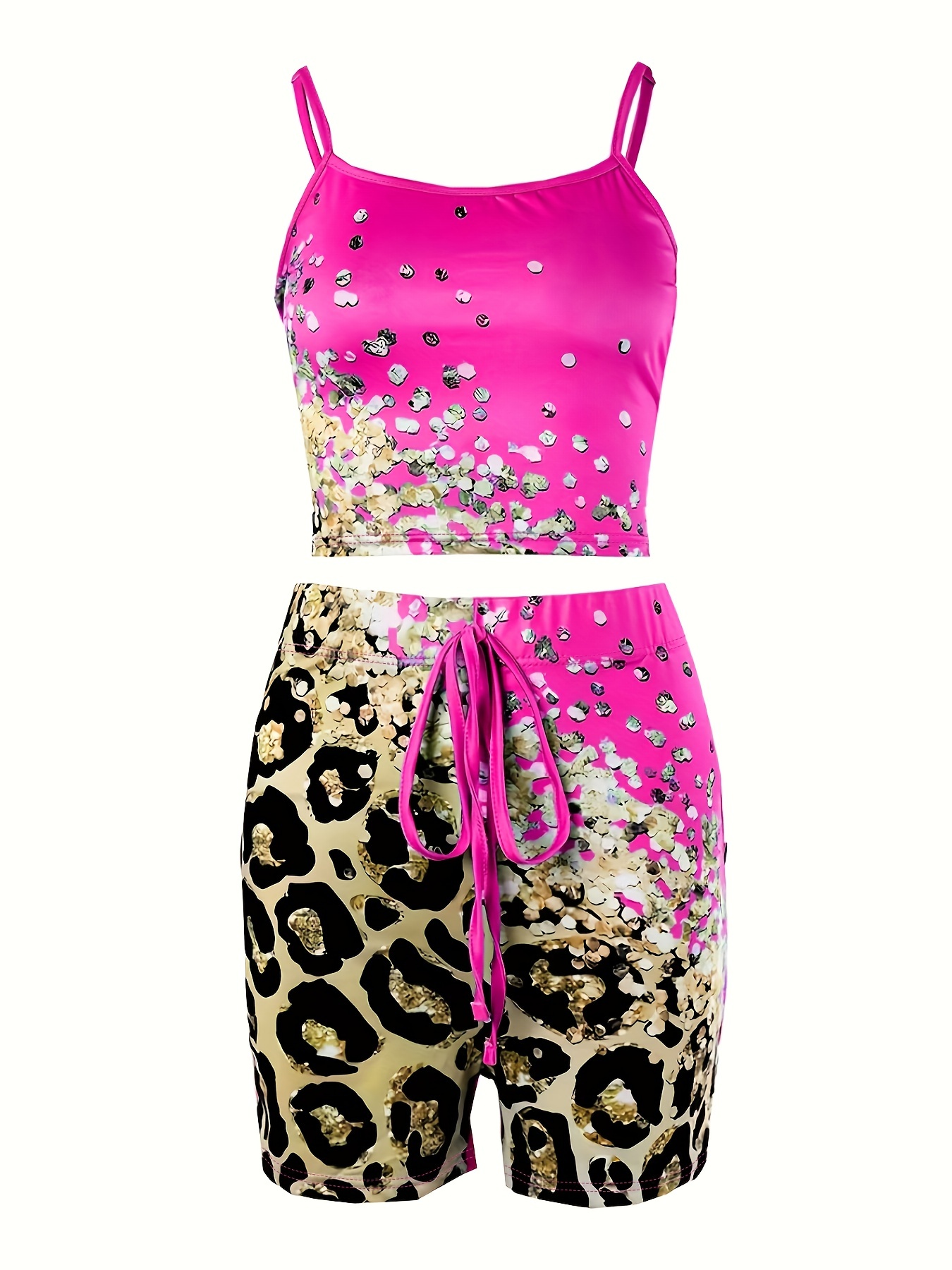 Leopard Print 3-Piece Set: Crop Tank Top, Long Vest & Drawstring Shorts