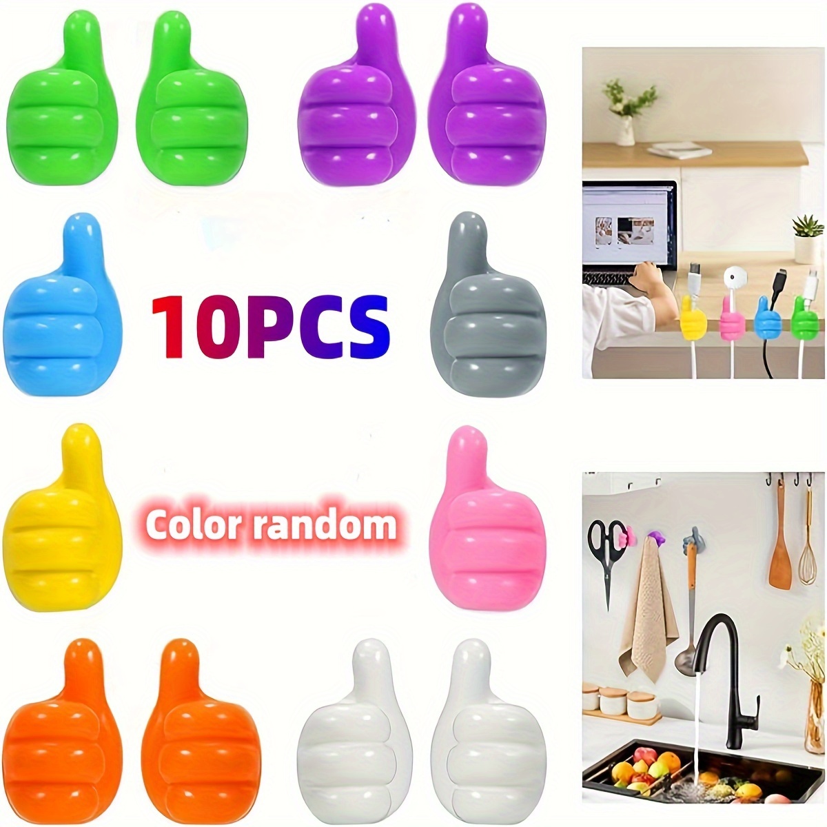 Thumb Hooks Silicone, 10 Pcs Self Adhesive Thumb Hook Wall Hangers for Cable  Clip Key Hat Makeup Brush Holder