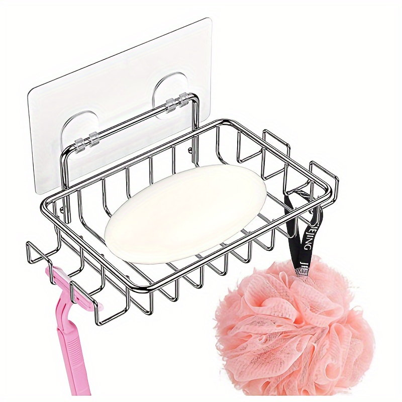 Soap Dish Holder for Shower Wall, 304 Stainless Steel Bar Soap Holder with  Hooks for Bathroom, Spong Holder for Kitchen Sink-Powerful Adhesive No
