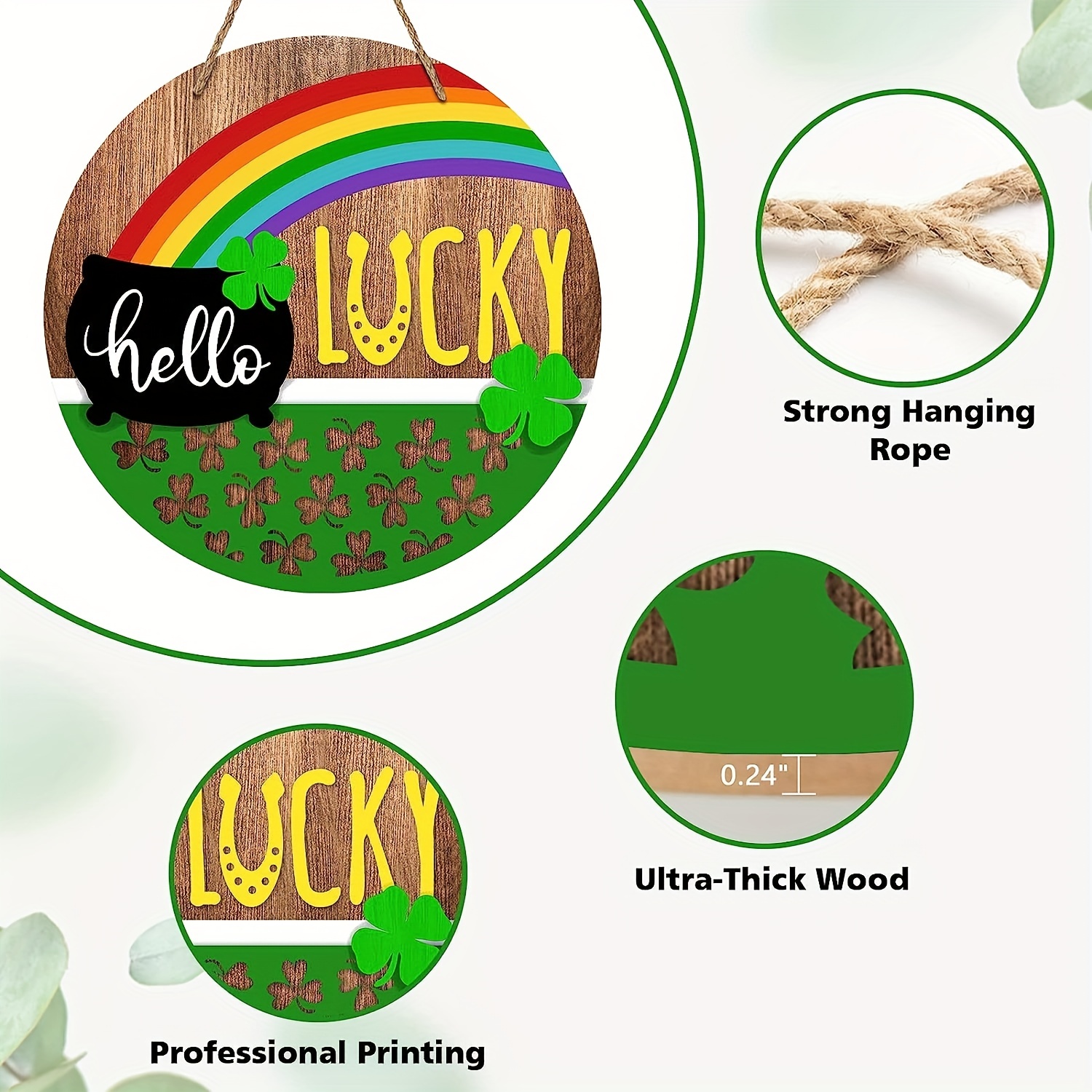St. Patrick's Day Door Sign Rainbow, Wooden Irish Decor Shamrock Pot of  Gold Lucky Hanging Sign with Rope for Happy St. Patrick's Day Party Front  Door